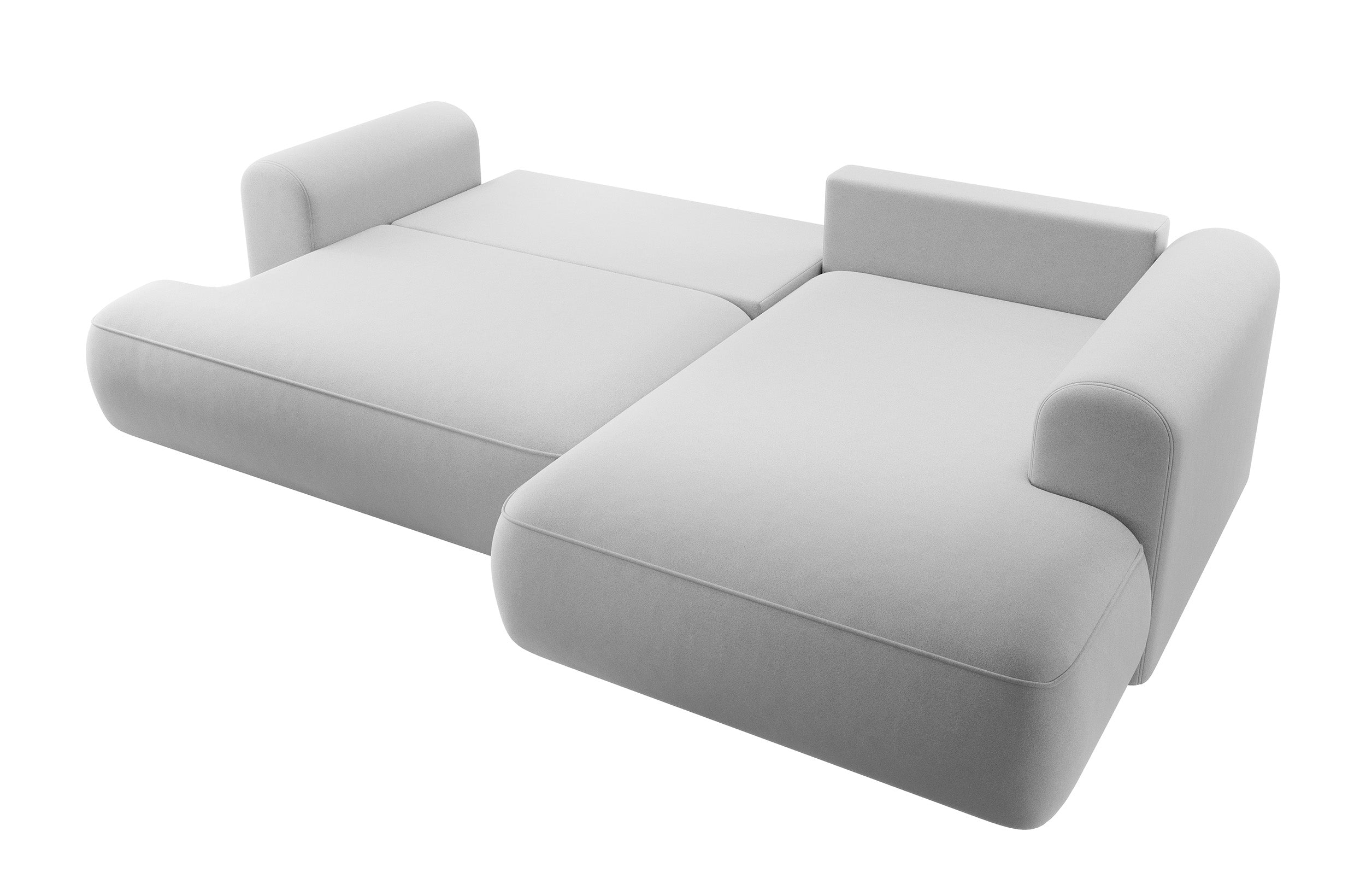 Ecksofa mit Schlaffunktion Ovo, L-förmig, mit Armlehne und Stauraum, grau, pflegeleichter Samt, rechtsseitig