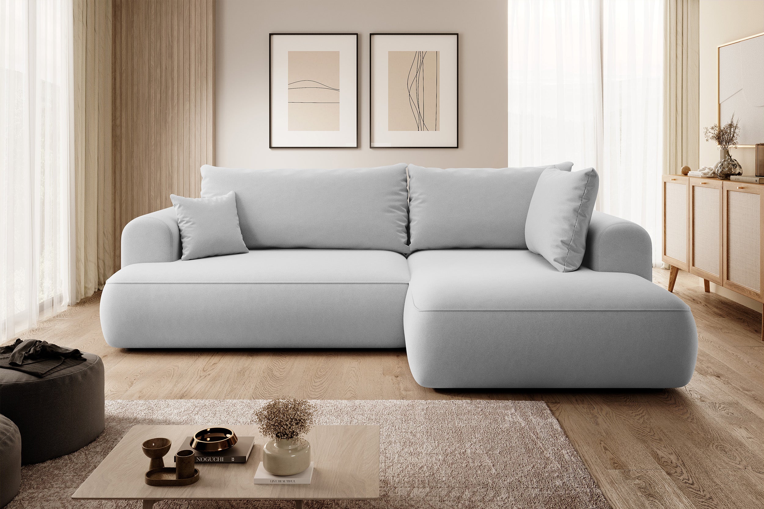 Ecksofa mit Schlaffunktion Ovo, L-förmig, mit Armlehne und Stauraum, grau, pflegeleichter Samt, rechtsseitig
