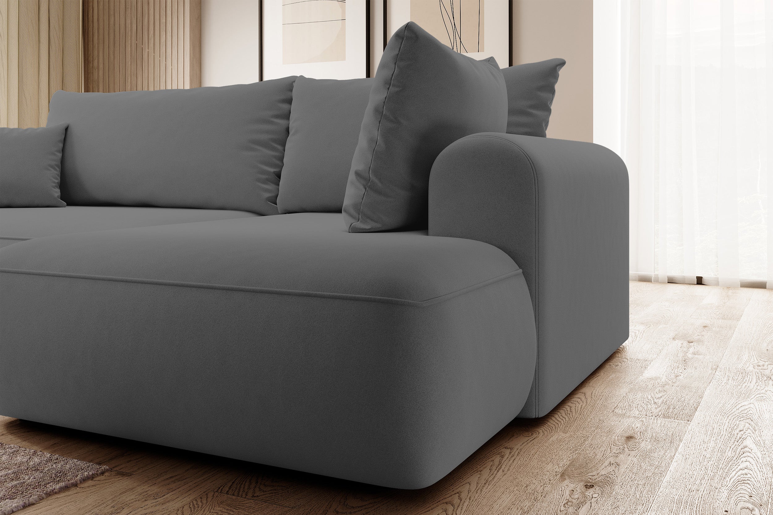 Ecksofa mit Schlaffunktion Ovo, L-förmig, mit Armlehne und Stauraum, dunkelgrauer, pflegeleichter Samt, rechtsseitig