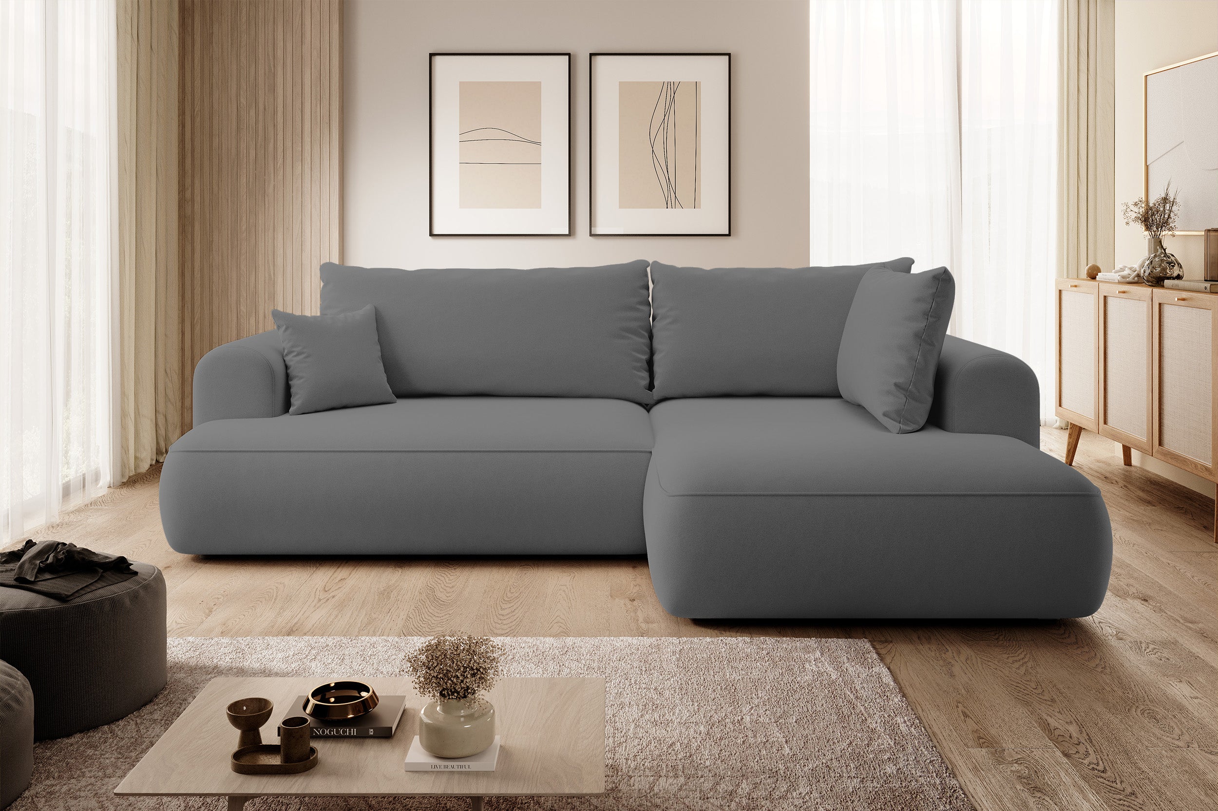 Ecksofa mit Schlaffunktion Ovo, L-förmig, mit Armlehne und Stauraum, dunkelgrauer, pflegeleichter Samt, rechtsseitig