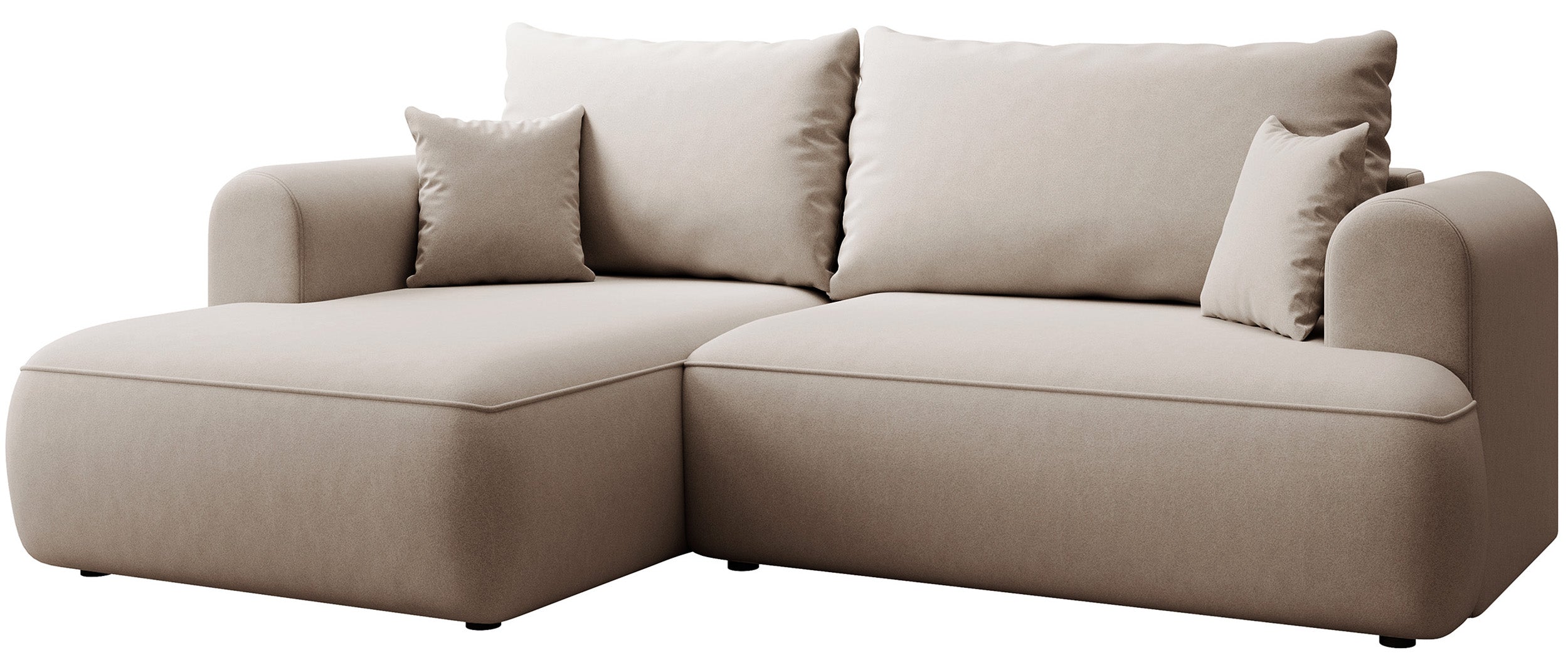 Ecksofa mit Schlaffunktion Ovo Mini, L-förmig, linksseitig, mit Stauraum, beige Samt, pflegeleicht