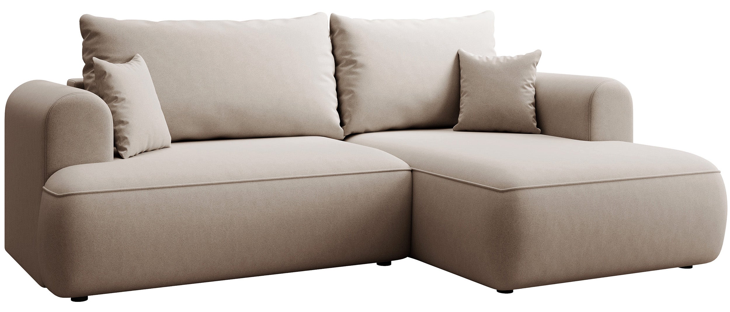 Ecksofa mit Schlaffunktion Ovo Mini, L-förmig, rechtsseitig, mit Stauraum, beige Velours, leicht zu reinigen