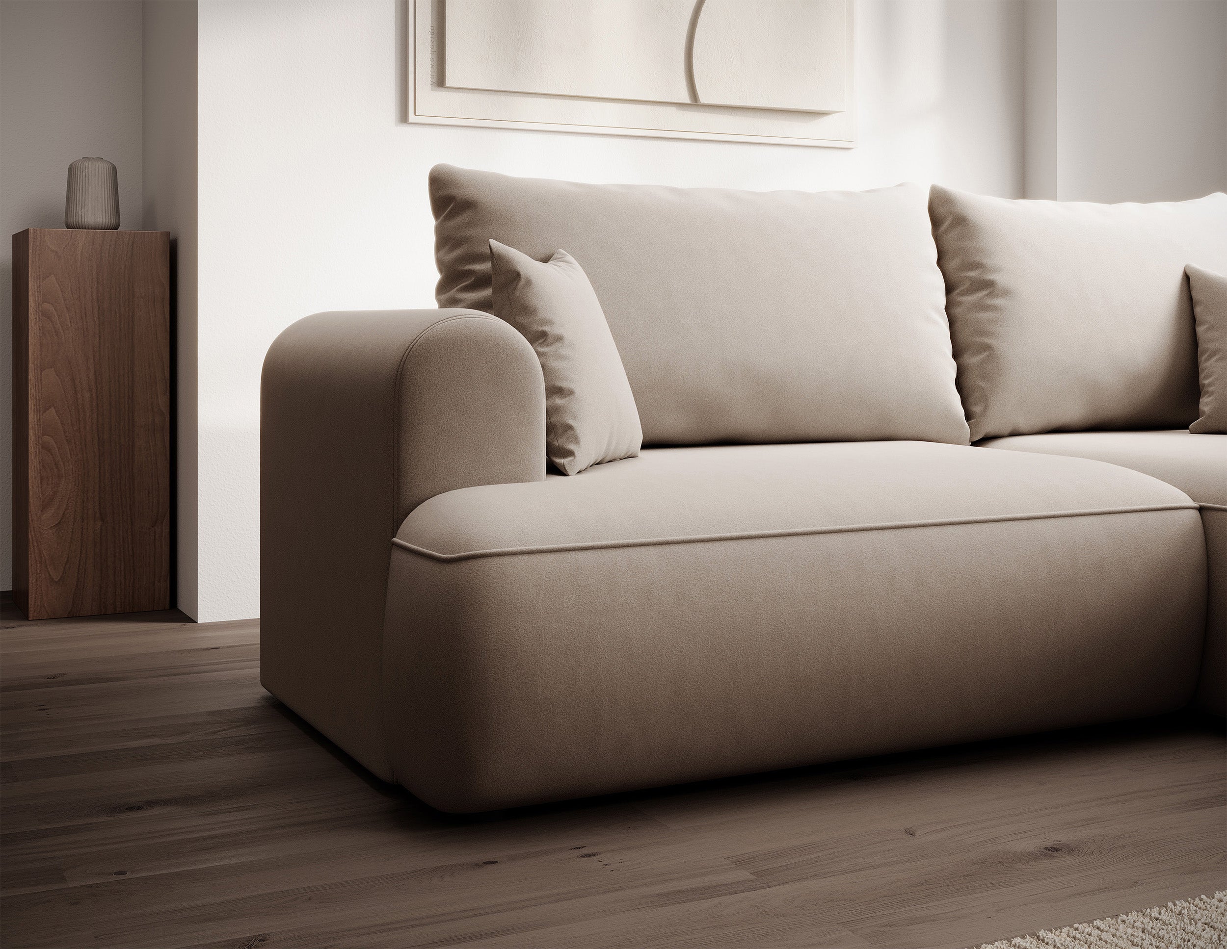Ecksofa mit Schlaffunktion Ovo Mini, L-förmig, rechtsseitig, mit Stauraum, beige Velours, leicht zu reinigen