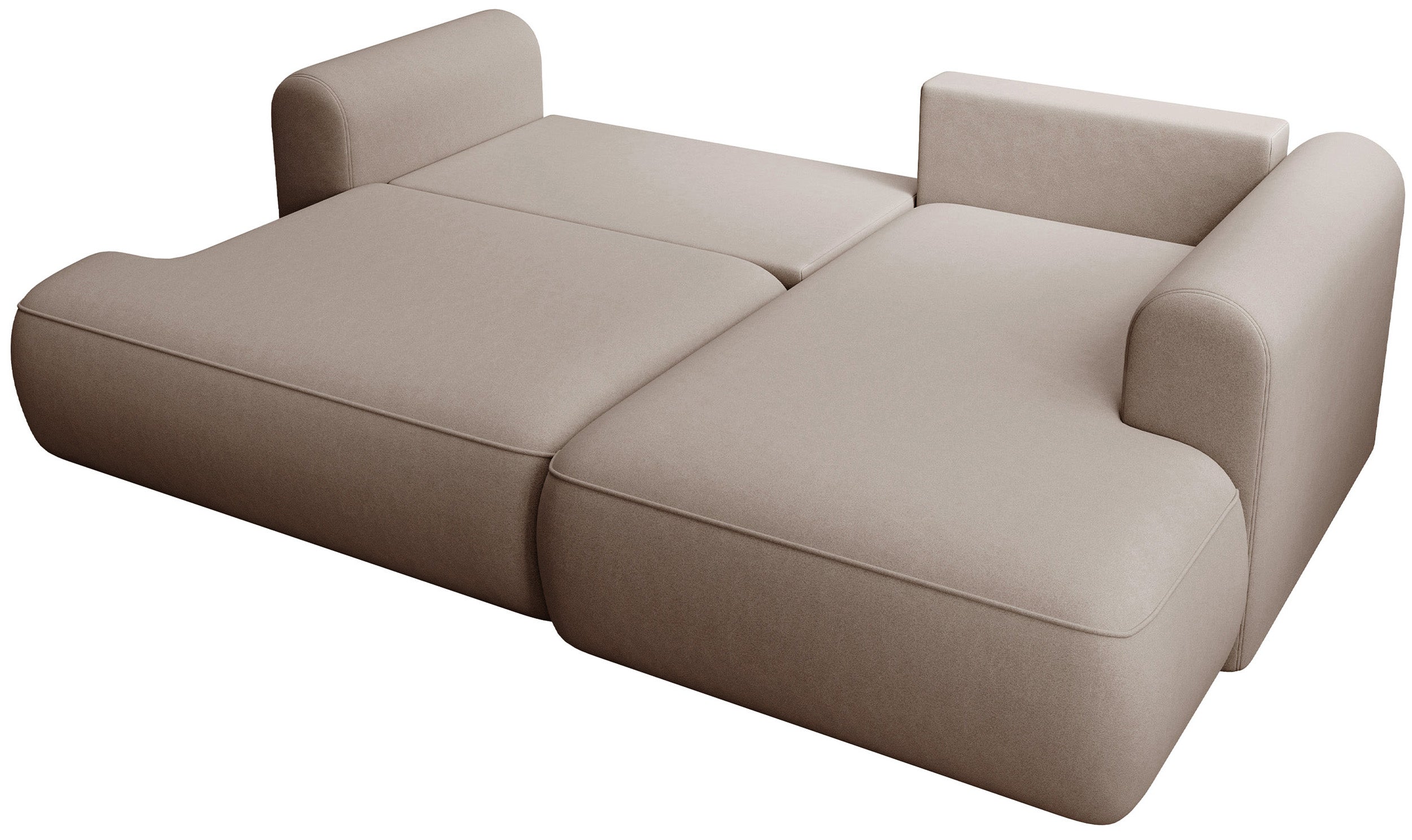 Ecksofa mit Schlaffunktion Ovo Mini, L-förmig, rechtsseitig, mit Stauraum, beige Velours, leicht zu reinigen