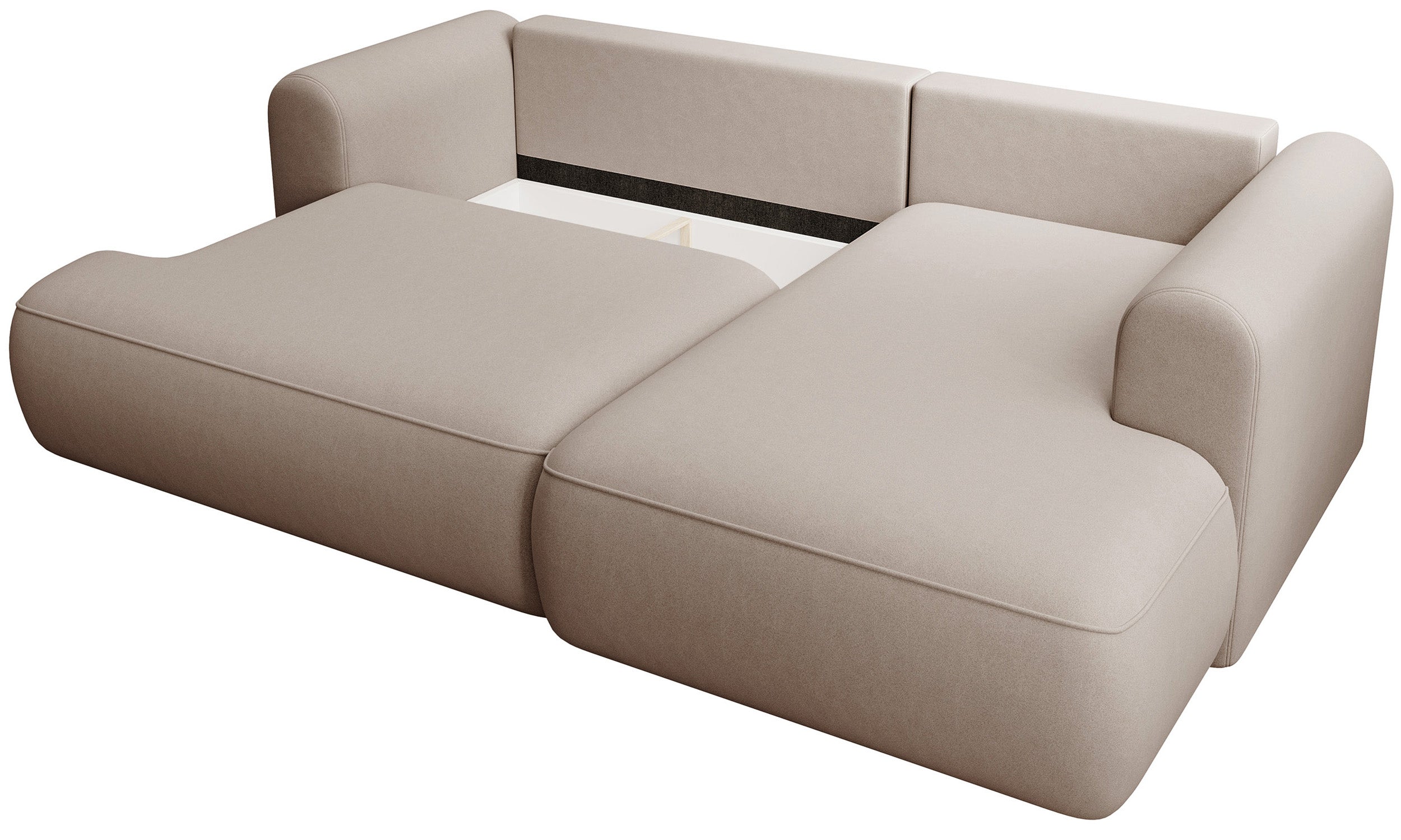 Ecksofa mit Schlaffunktion Ovo Mini, L-förmig, rechtsseitig, mit Stauraum, beige Velours, leicht zu reinigen