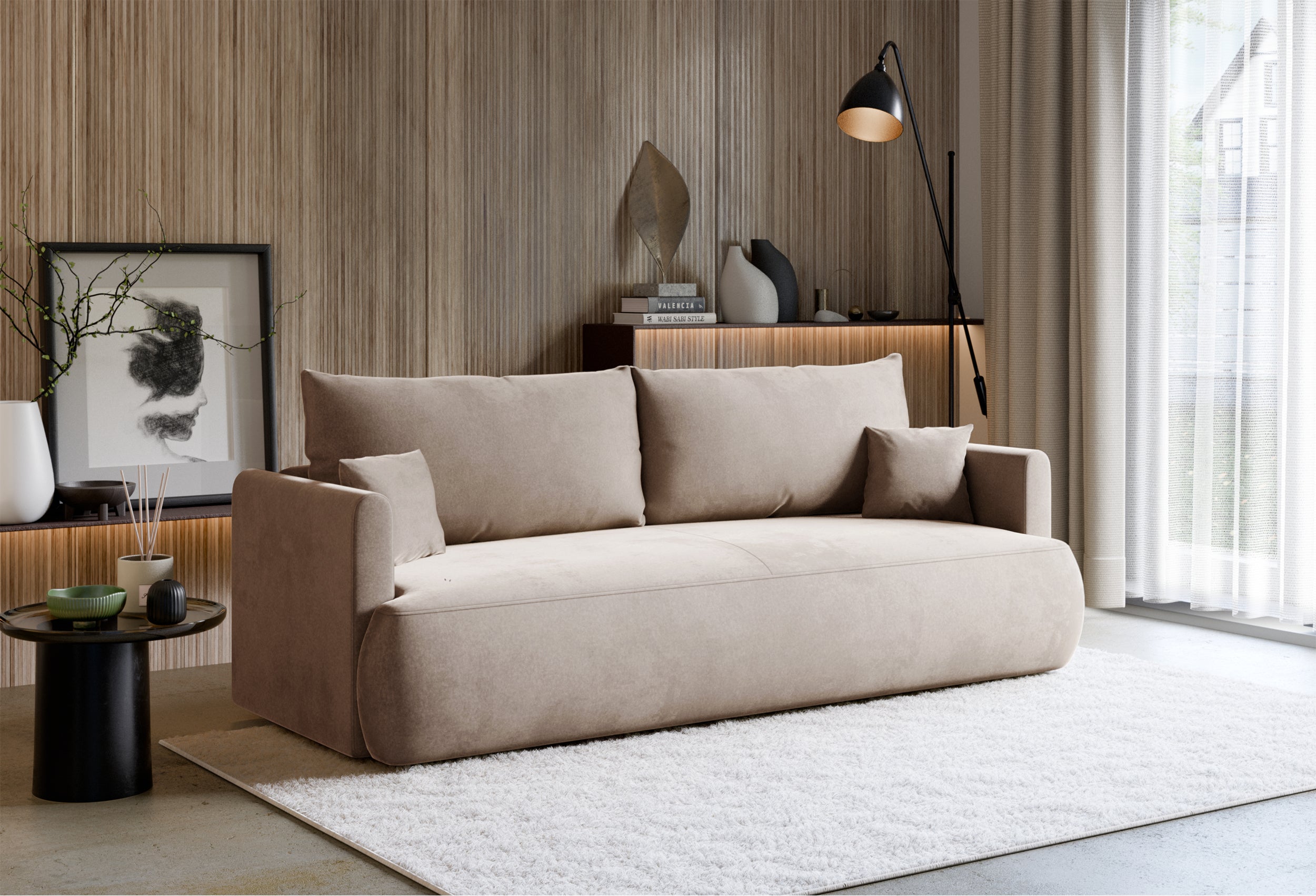 Drei-Sitzer-Schlafsofa Ovo Mini mit Stauraum, beige, Velours, pflegeleicht