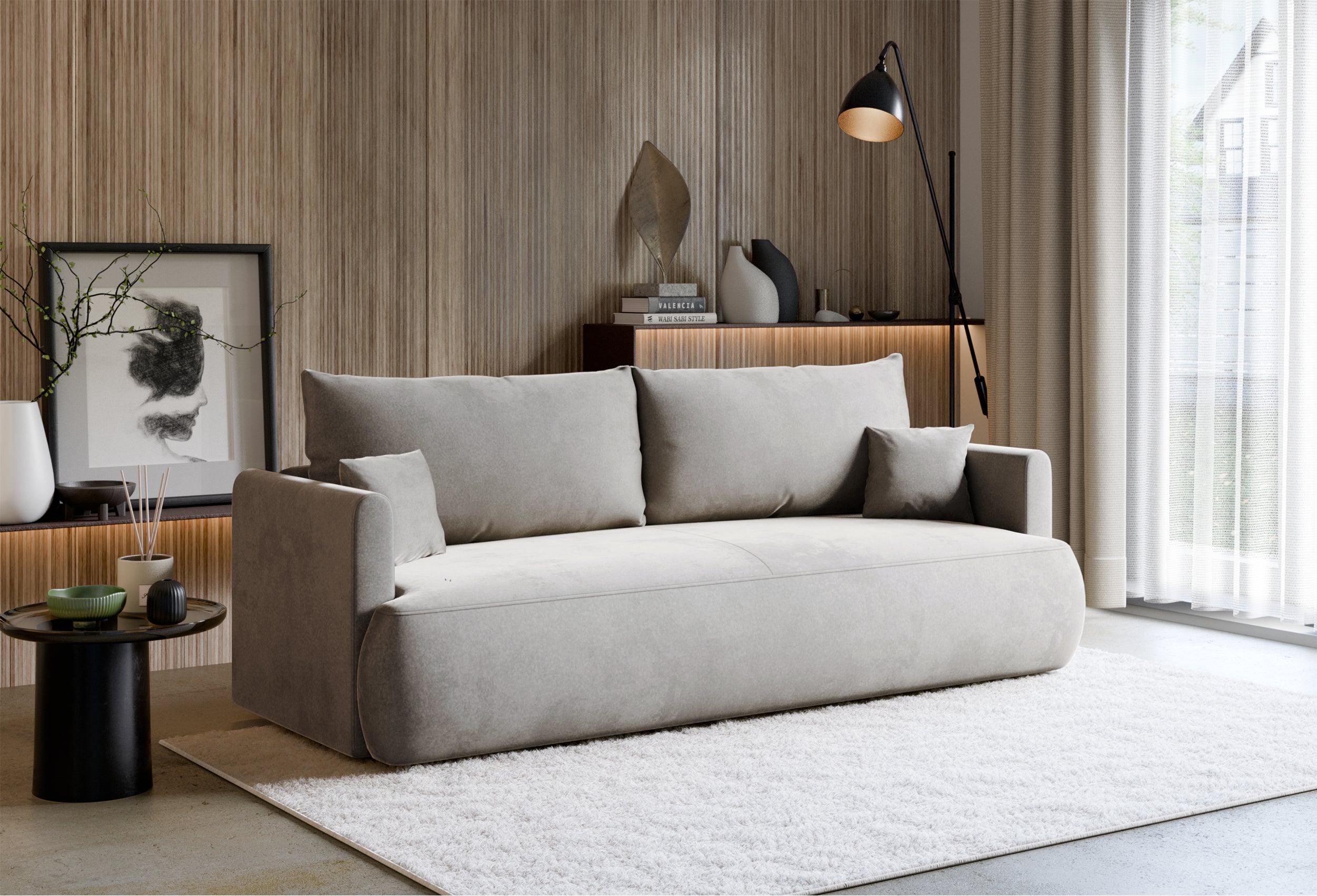 Dreisitziges ausklappbares Sofa Ovo Mini mit Stauraum, grauer Velours, leicht zu reinigen