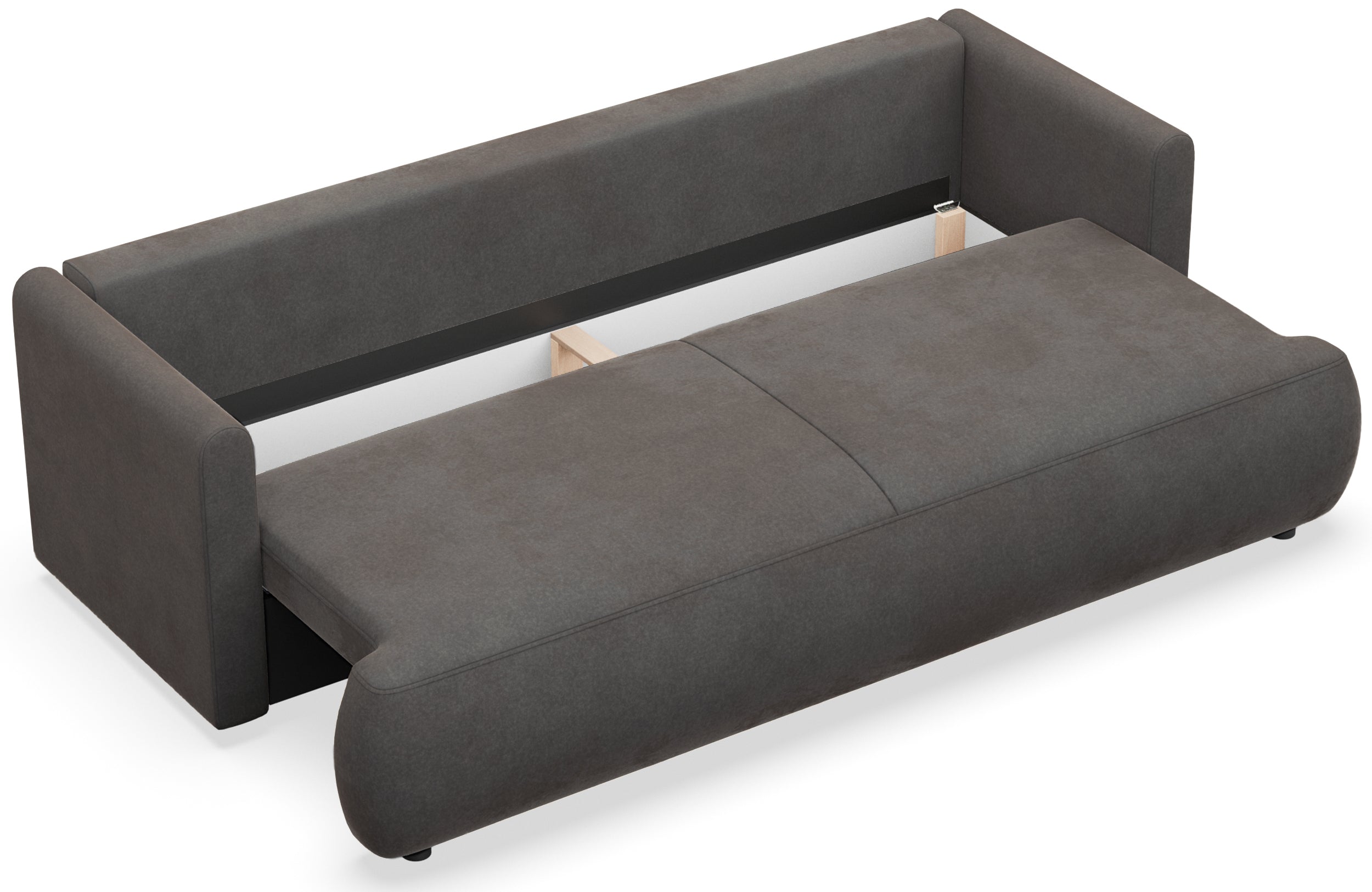 Dreisitziges ausklappbares Sofa Ovo Mini mit Stauraum, dunkelgrauer, pflegeleichter Samtvelours