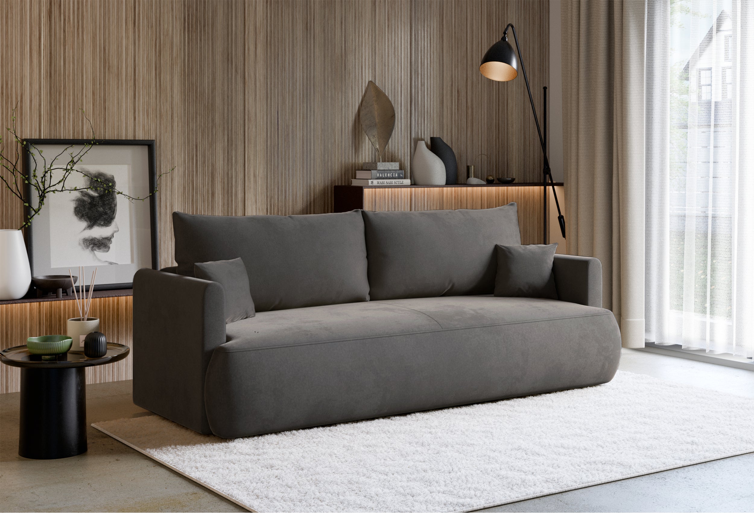 Dreisitziges ausklappbares Sofa Ovo Mini mit Stauraum, dunkelgrauer, pflegeleichter Samtvelours