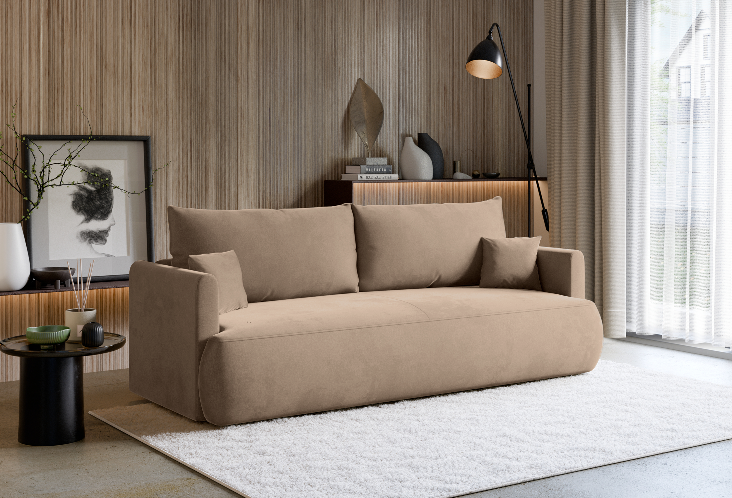 Dreisitziges ausklappbares Sofa Ovo Mini mit Stauraum, beige Chenille, leicht zu reinigen