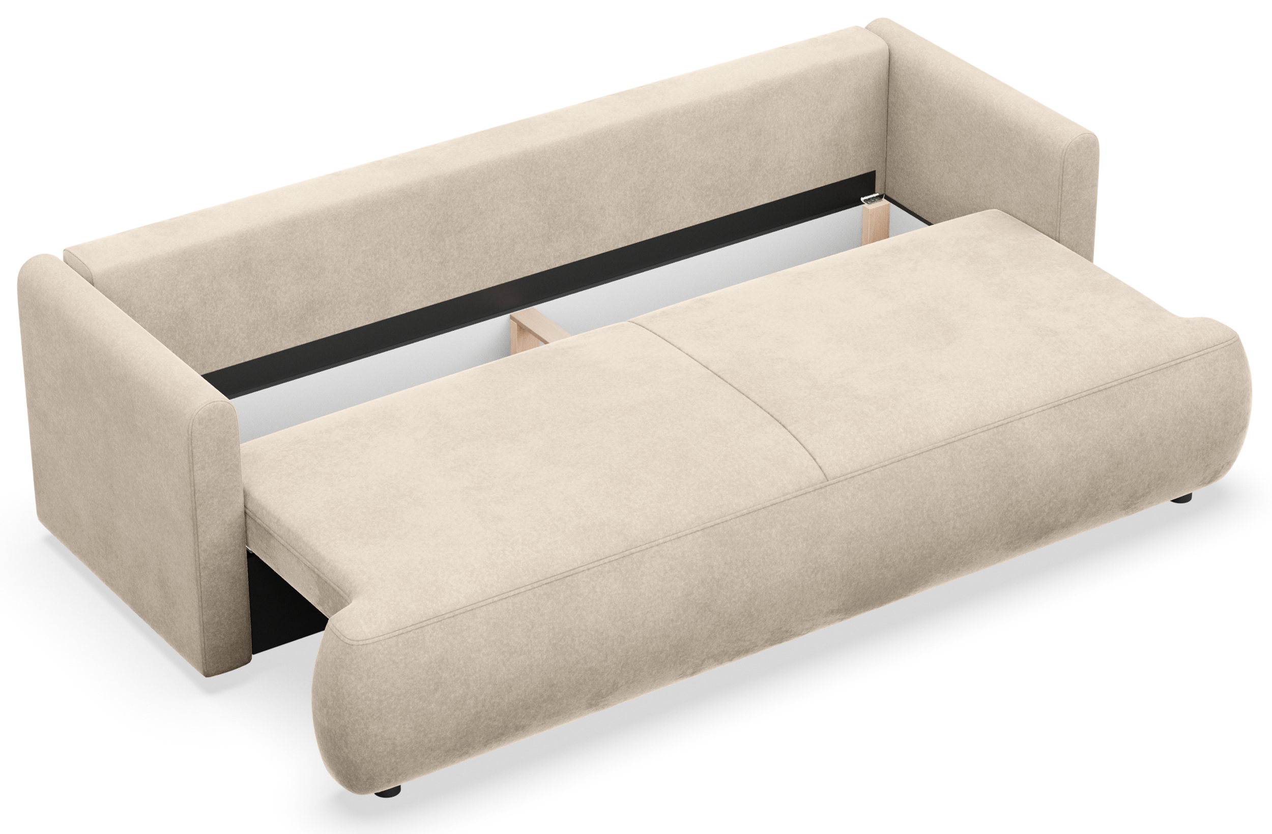 Drei-Sitzer-Schlafsofa Ovo Mini mit Stauraum, hellbeiger Samt, pflegeleicht