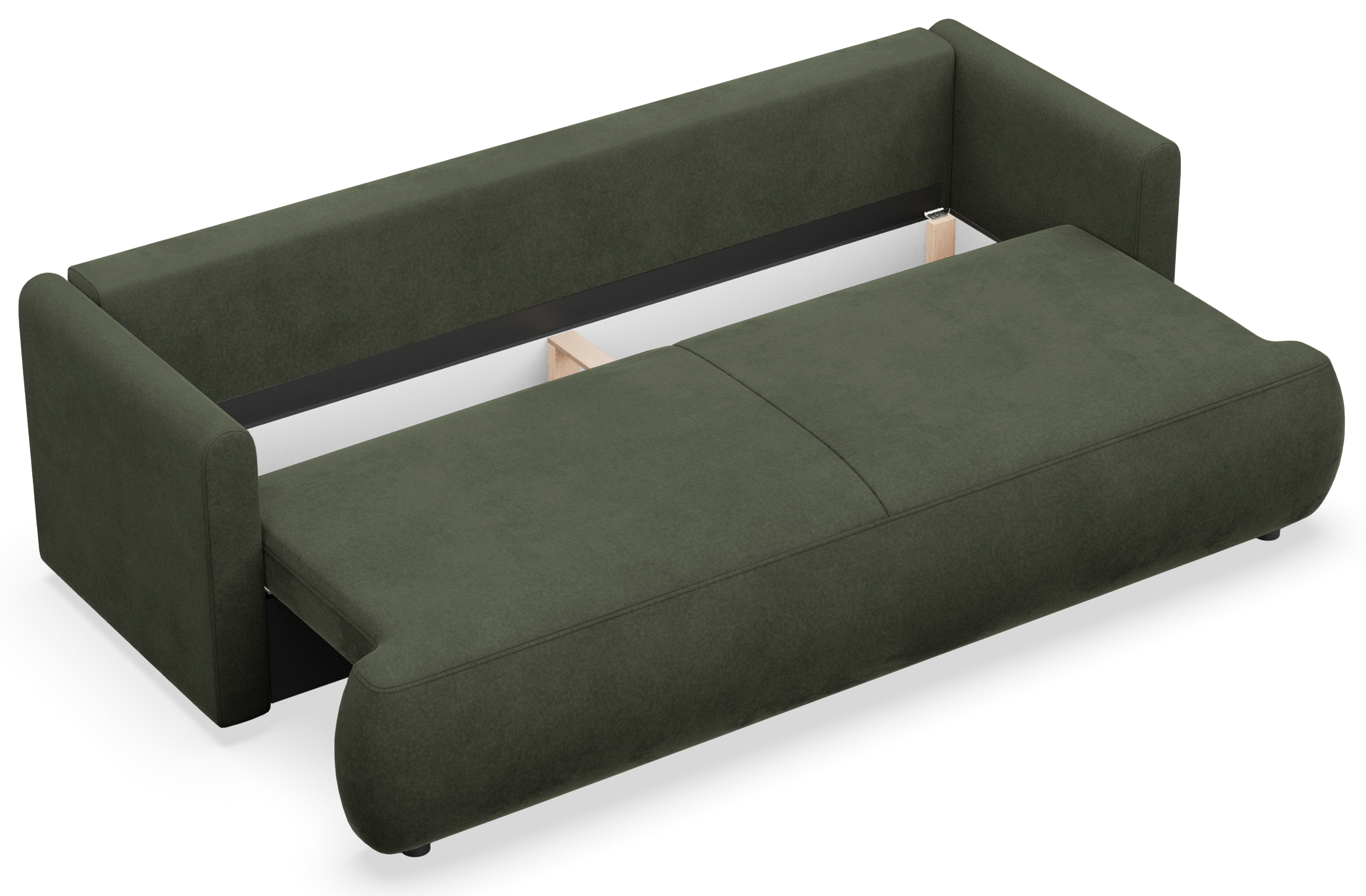 Dreisitziges ausklappbares Sofa Ovo Mini mit Stauraum, olivgrüner, pflegeleichter Samt