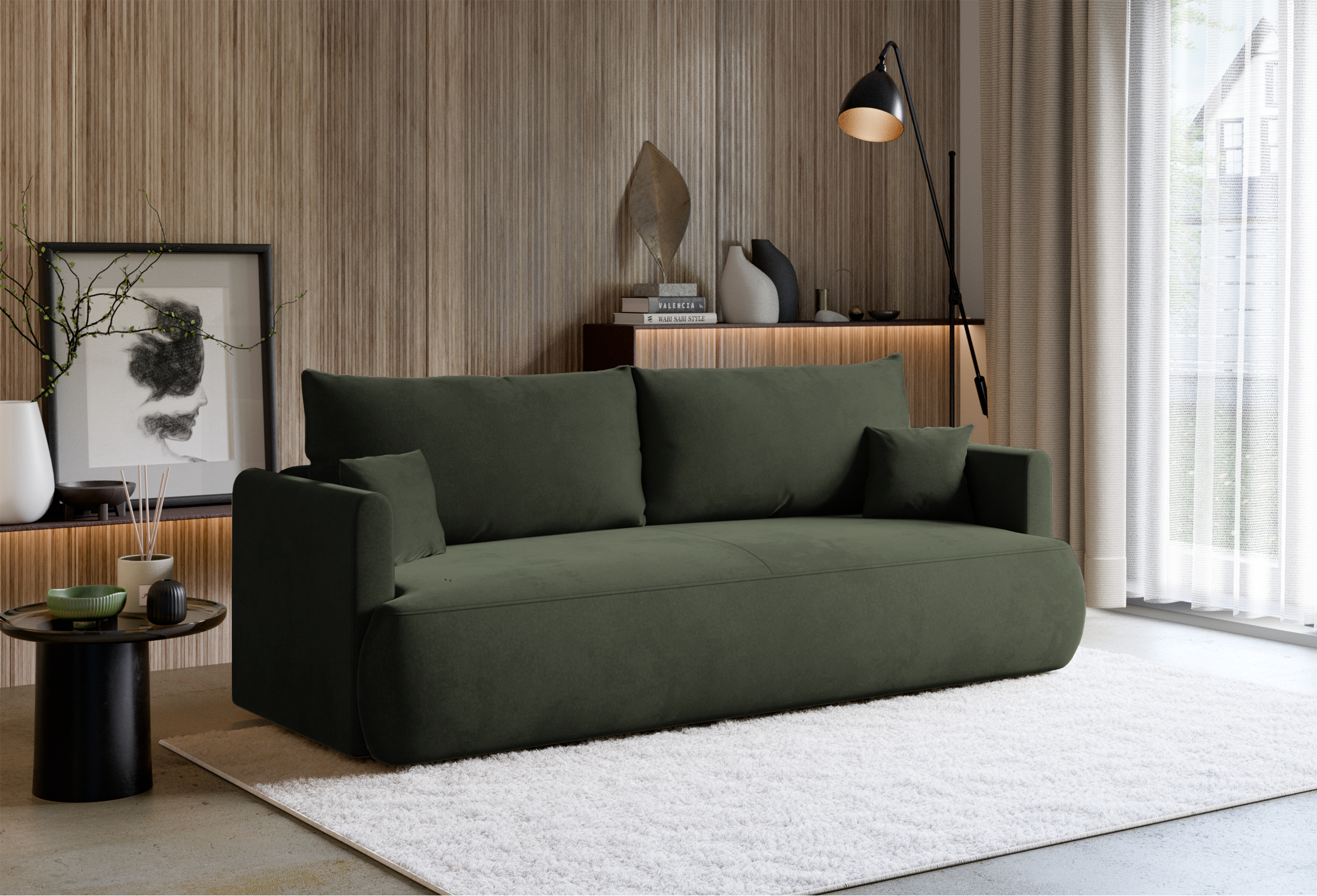 Dreisitziges ausklappbares Sofa Ovo Mini mit Stauraum, olivgrüner, pflegeleichter Samt
