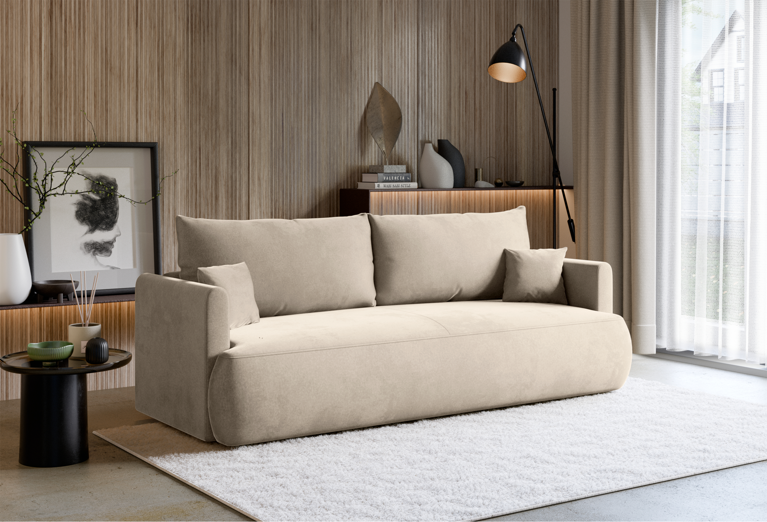 Drei-Sitzer-Schlafsofa Ovo Mini mit Stauraum, hellbeiger Samt, pflegeleicht