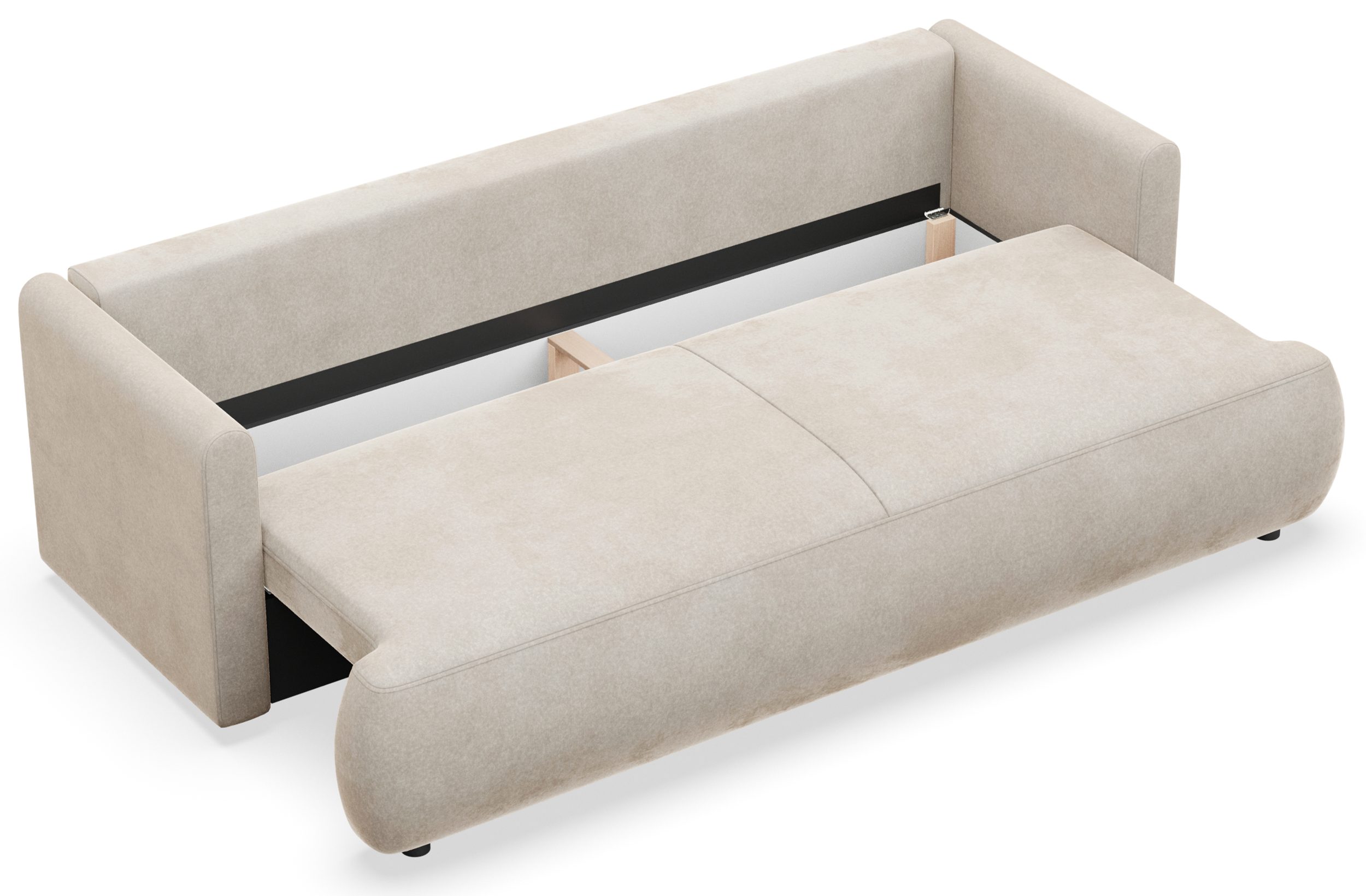 Drei-Sitzer-Schlafsofa Ovo Mini mit Stauraum, cremefarbener Velours, pflegeleicht
