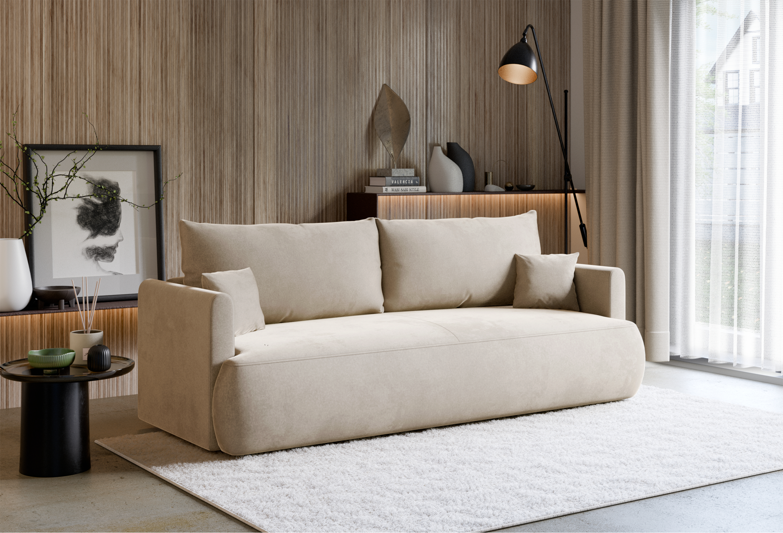 Drei-Sitzer-Schlafsofa Ovo Mini mit Stauraum, cremefarbener Velours, pflegeleicht
