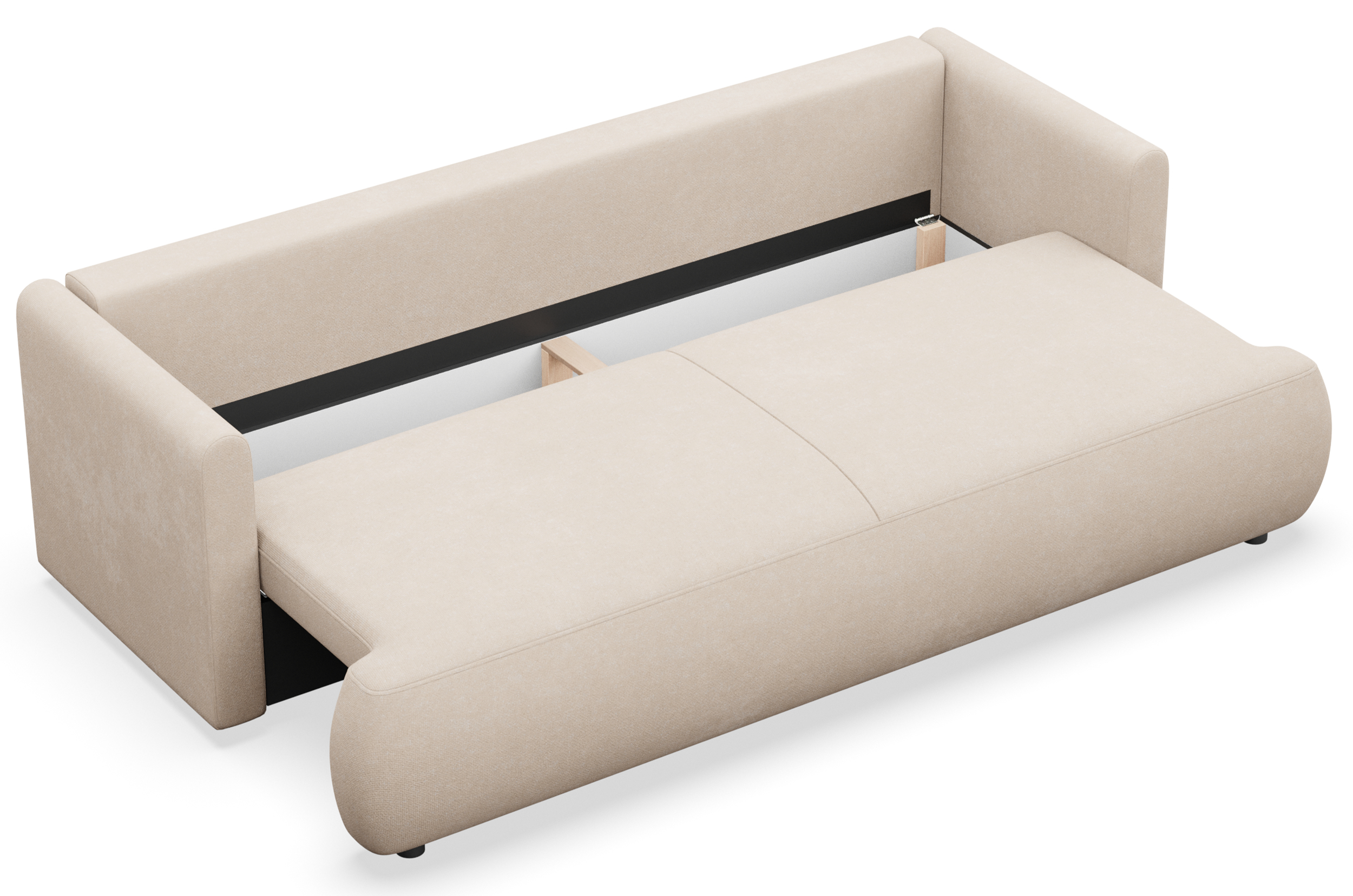 Dreisitziges ausklappbares Sofa Ovo Mini mit Stauraum, cremefarbener Chenille-Stoff, pflegeleicht