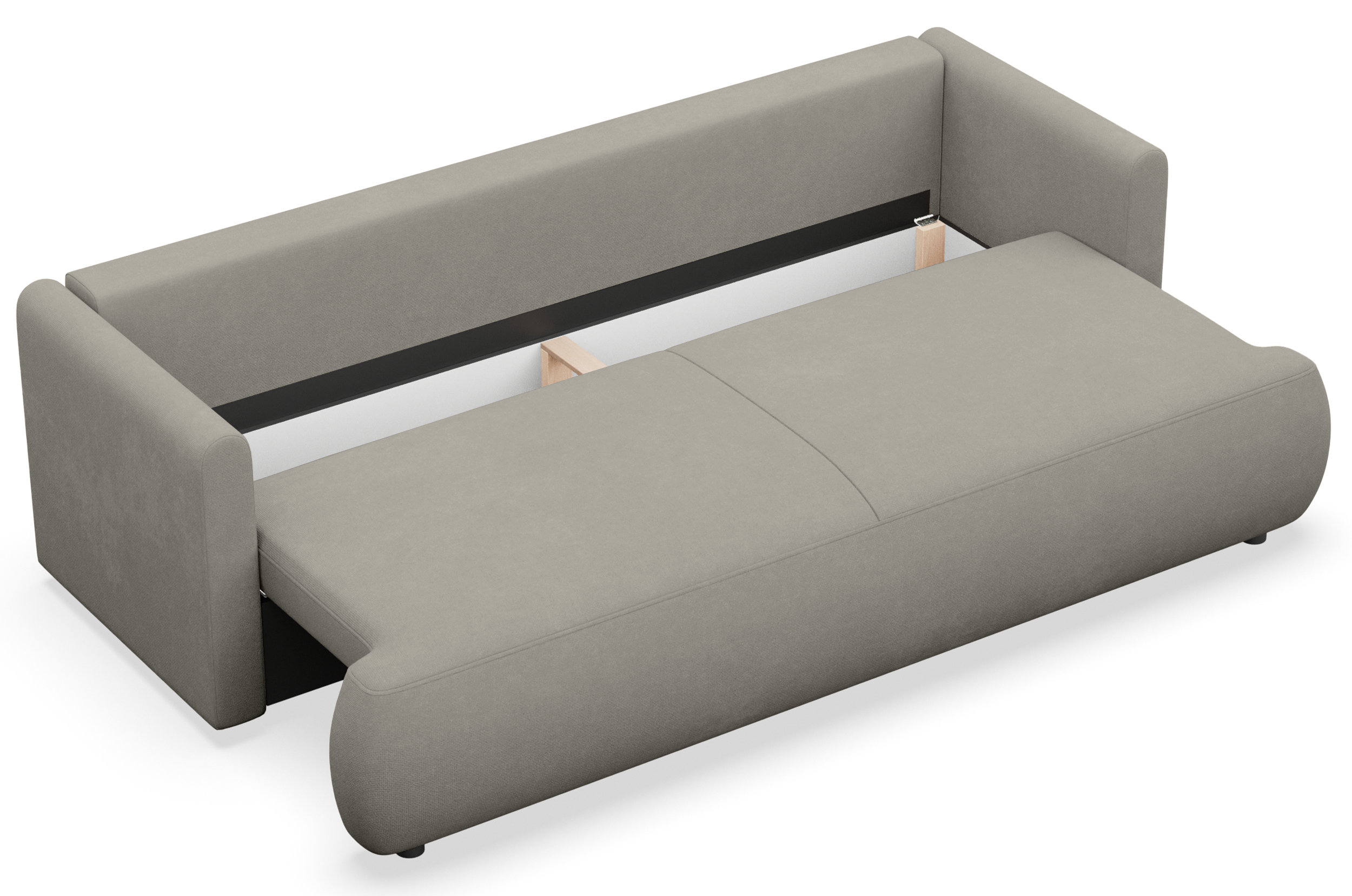 Dreisitziges ausklappbares Sofa Ovo Mini mit Stauraum, hellgrauer Chenille-Stoff, pflegeleicht