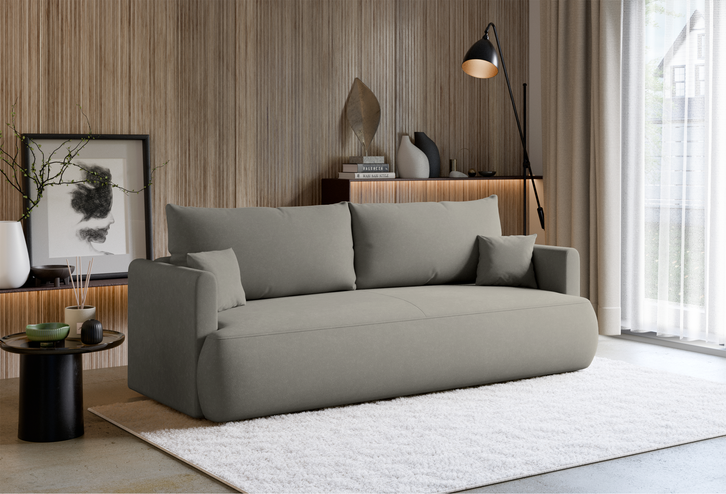 Dreisitziges ausklappbares Sofa Ovo Mini mit Stauraum, hellgrauer Chenille-Stoff, pflegeleicht