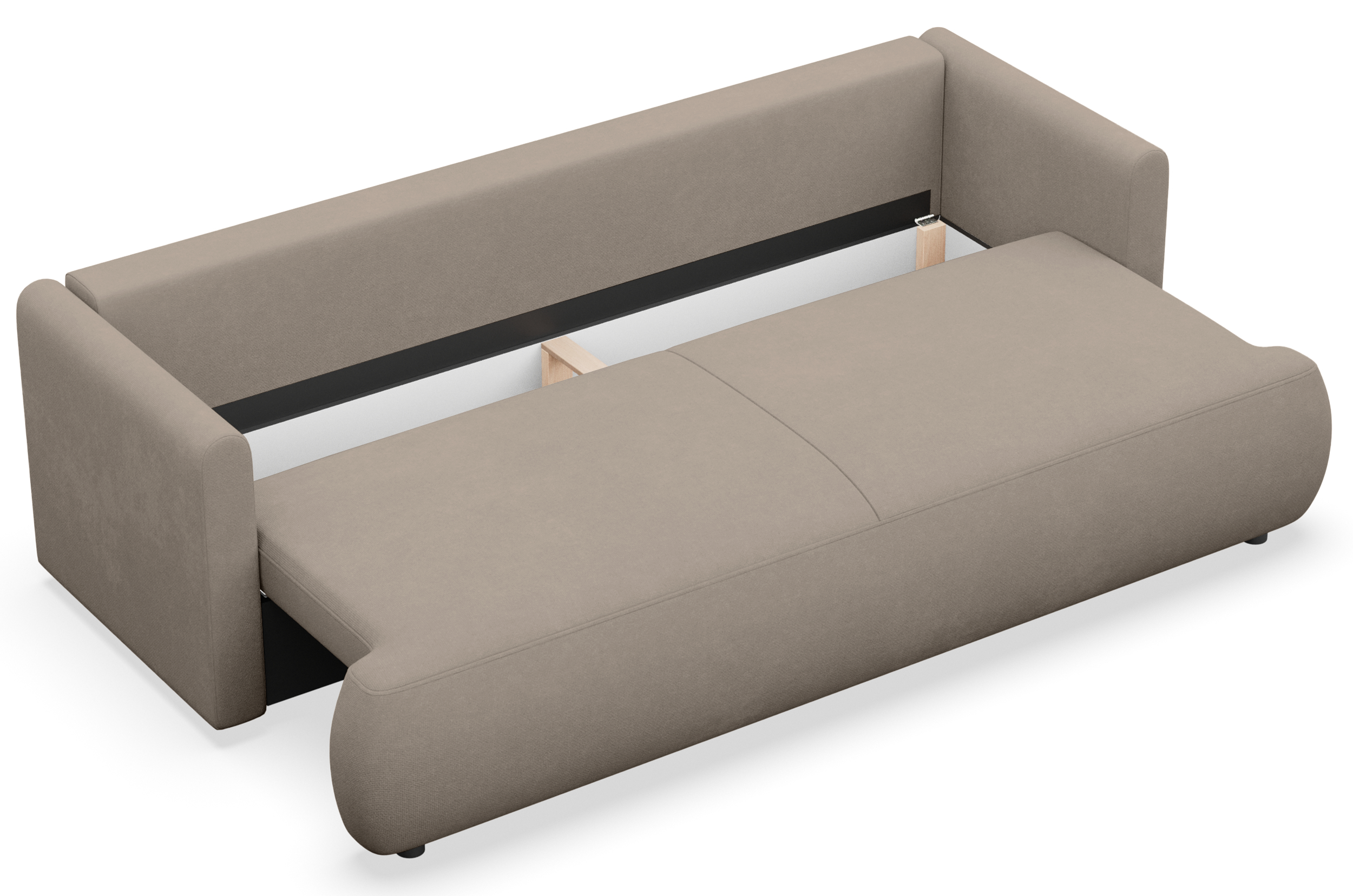 Dreisitziges ausklappbares Sofa Ovo Mini mit Stauraum, hellbeiger Chenille-Stoff, pflegeleicht