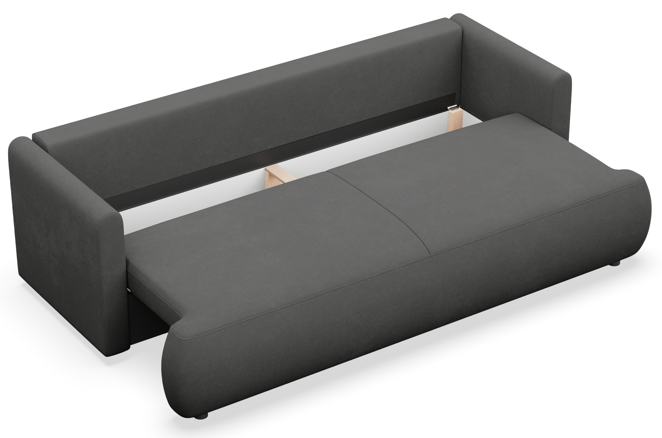 Dreisitziges ausklappbares Sofa Ovo Mini mit Stauraum, dunkelgrauer Chenille, pflegeleicht