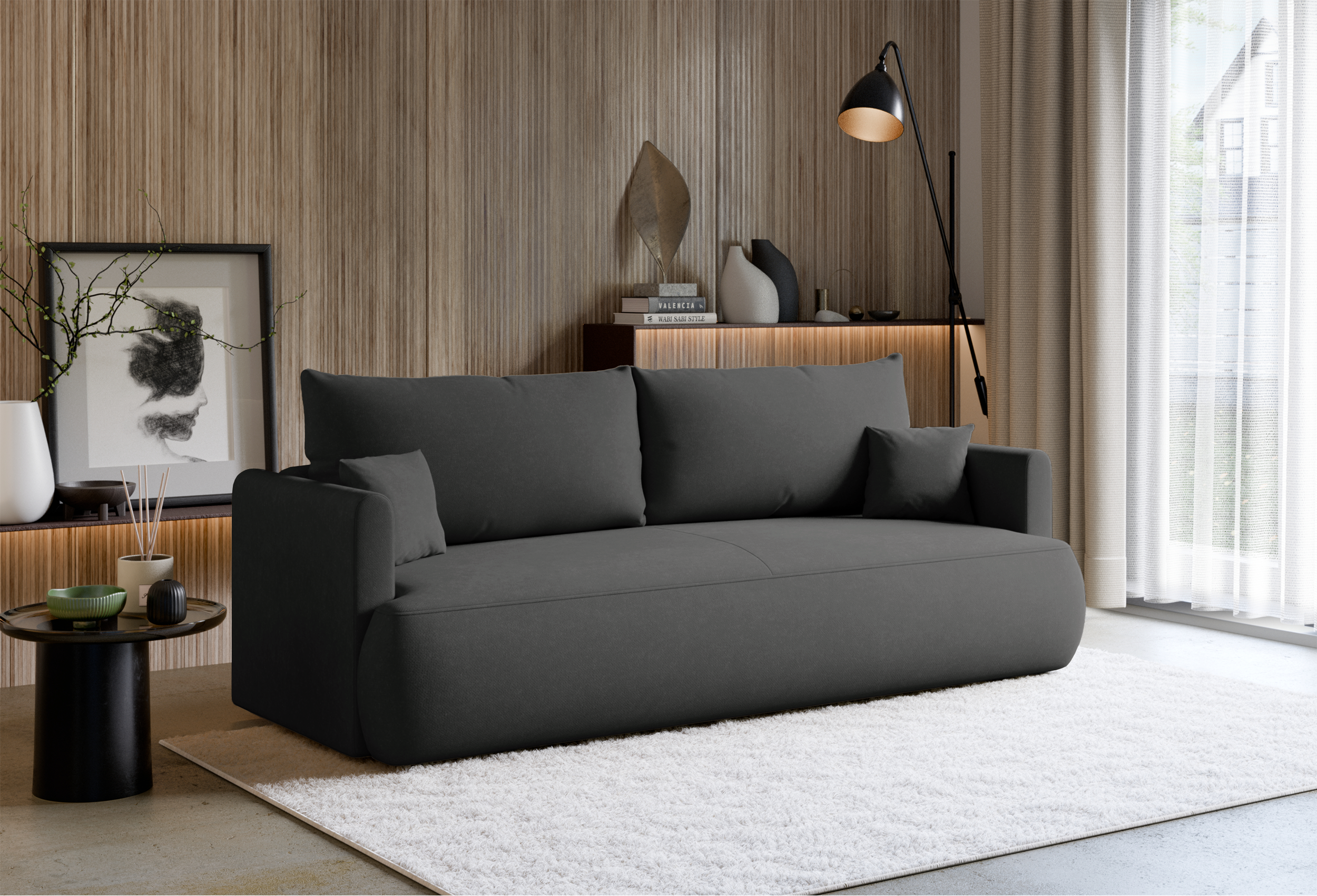 Dreisitziges ausklappbares Sofa Ovo Mini mit Stauraum, dunkelgrauer Chenille, pflegeleicht