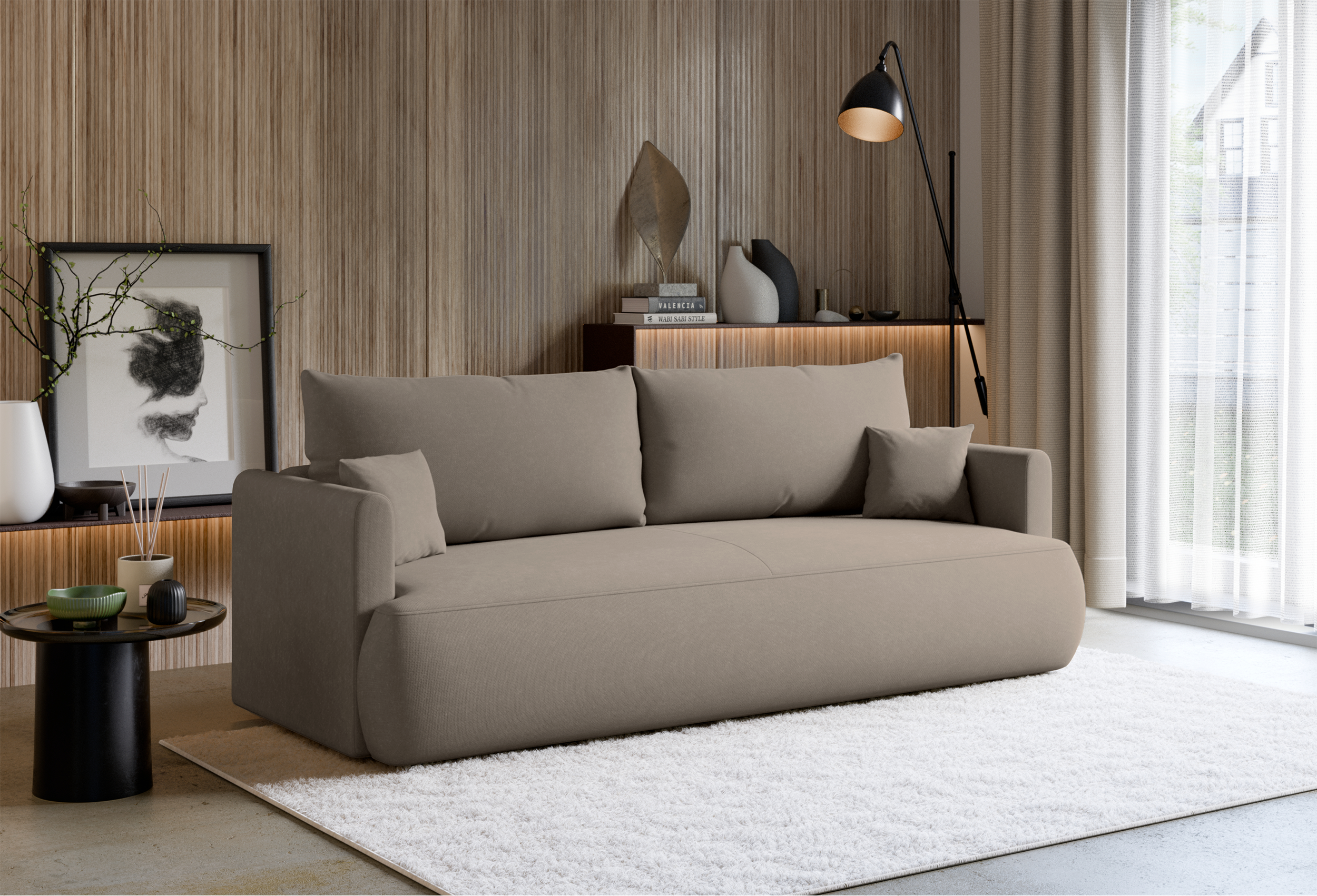 Dreisitziges ausklappbares Sofa Ovo Mini mit Stauraum, hellbeiger Chenille-Stoff, pflegeleicht