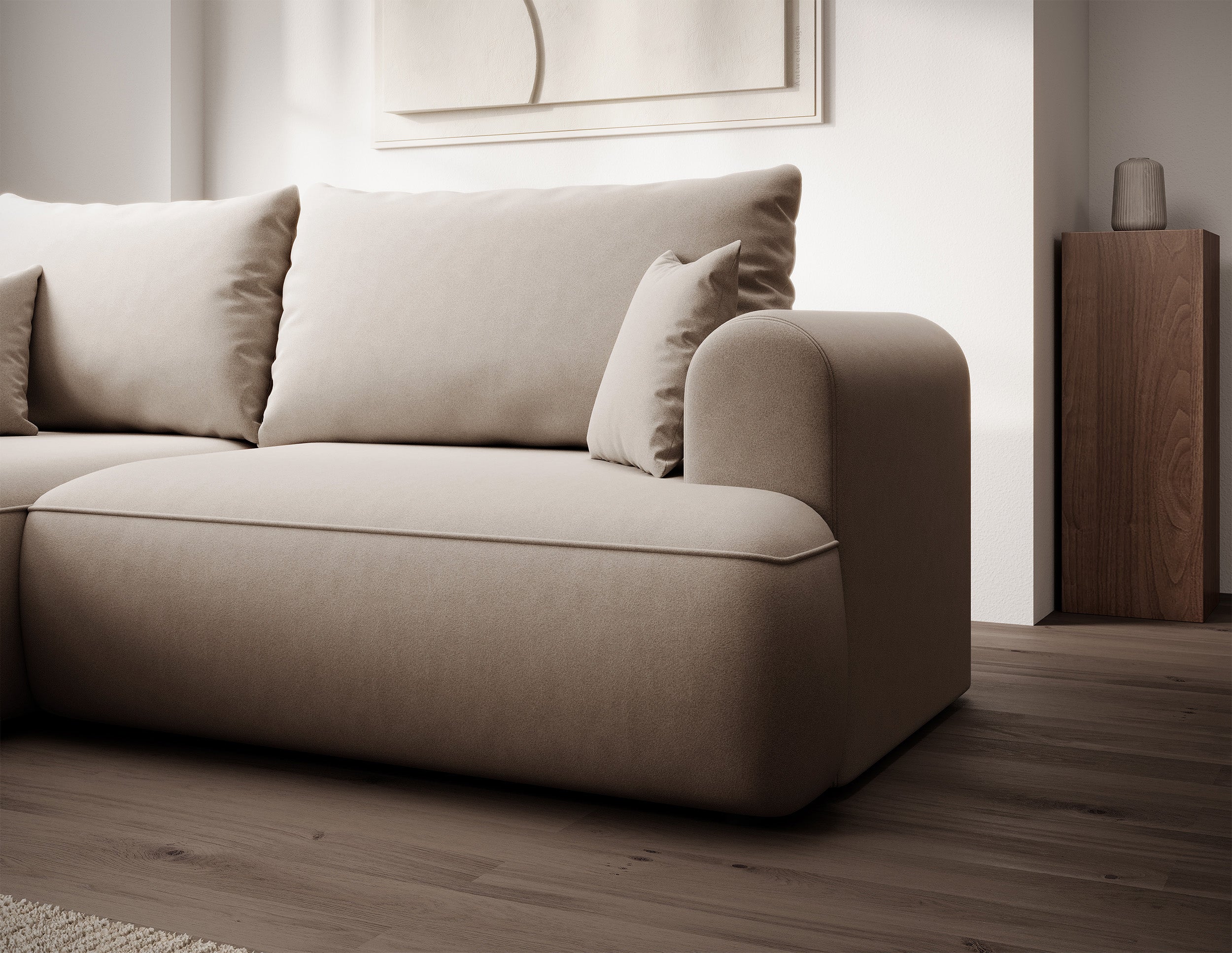 Ecksofa mit Schlaffunktion Ovo Mini, L-förmig, linksseitig, mit Stauraum, beige Samt, pflegeleicht