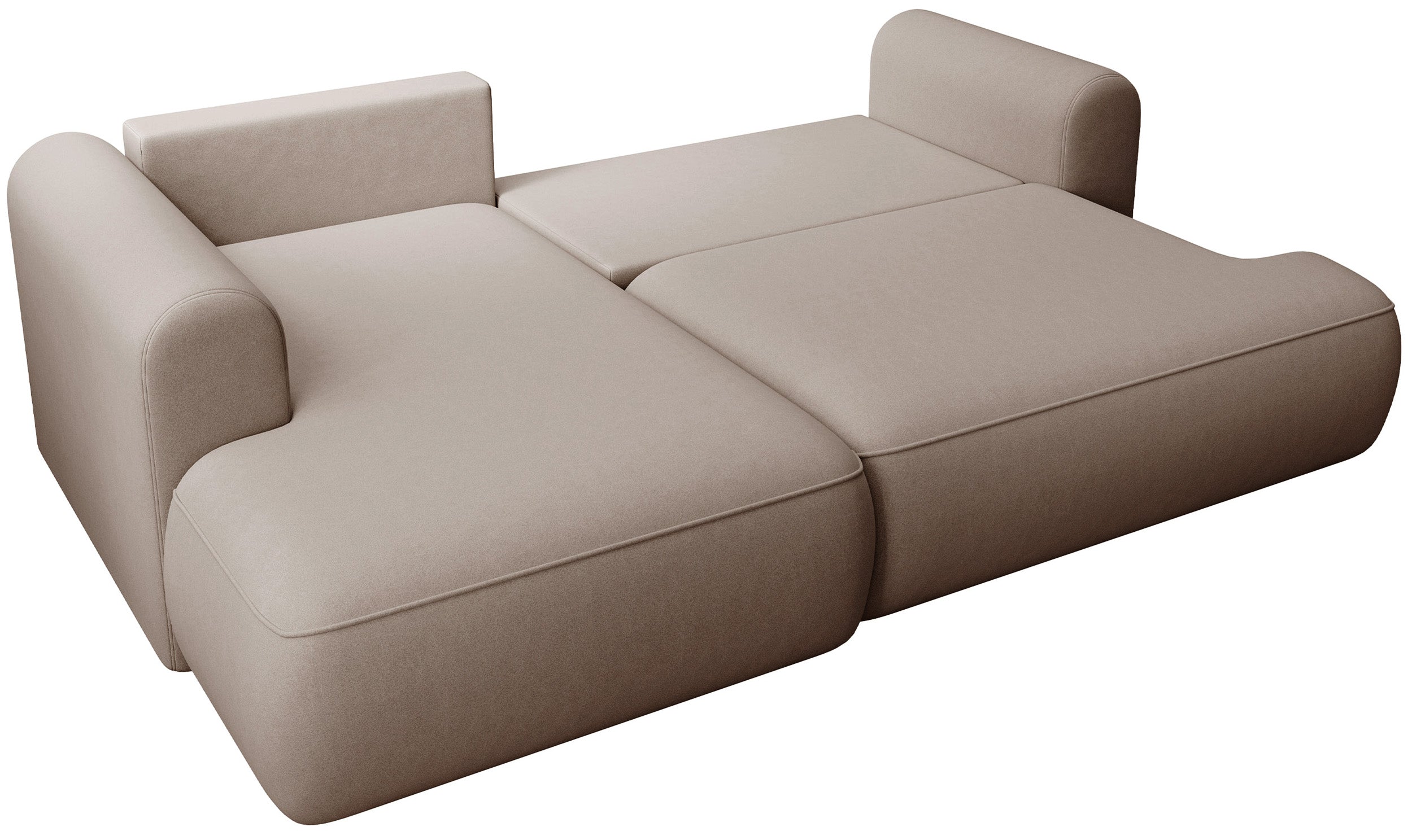 Ecksofa mit Schlaffunktion Ovo Mini, L-förmig, linksseitig, mit Stauraum, beige Samt, pflegeleicht