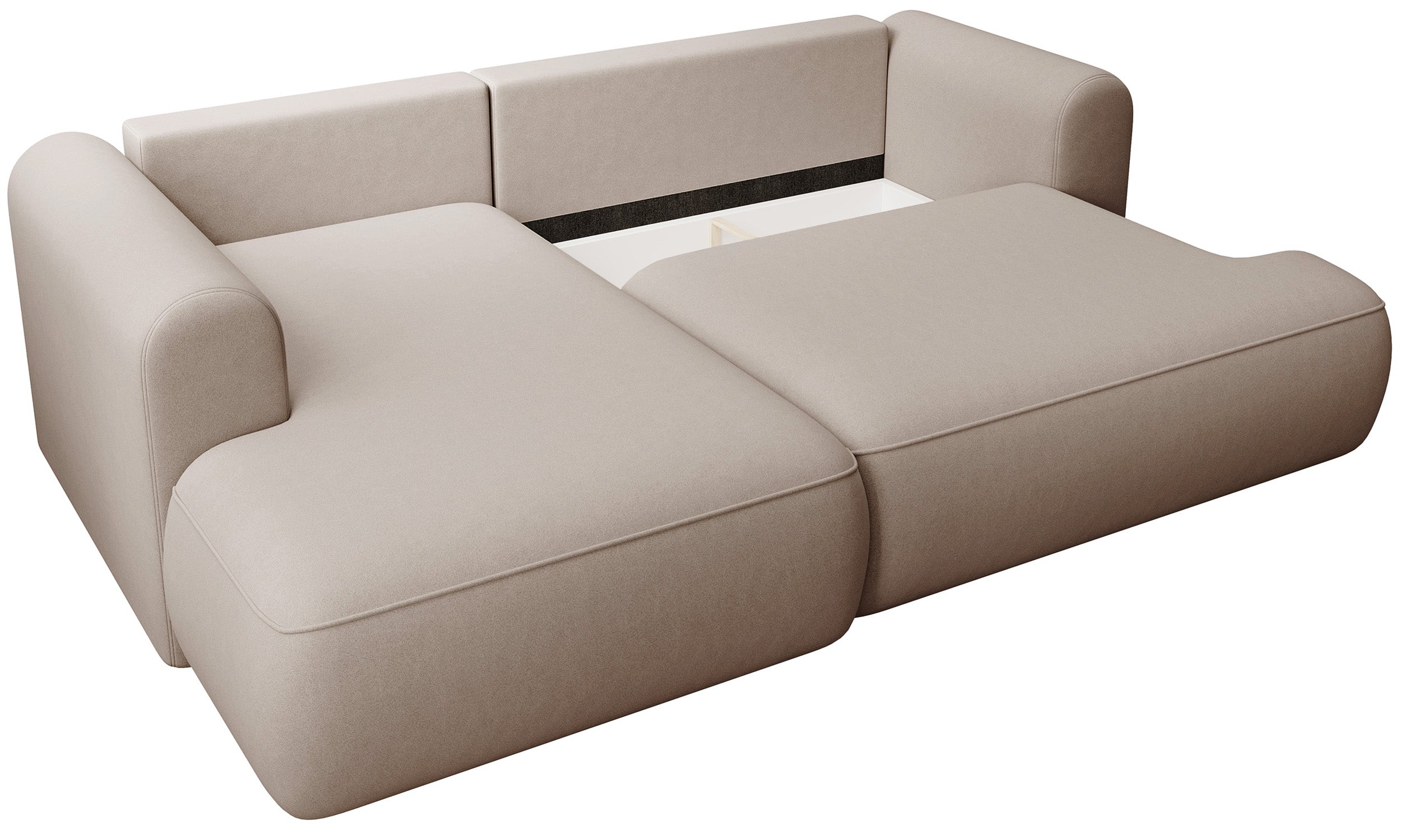 Ecksofa mit Schlaffunktion Ovo Mini, L-förmig, linksseitig, mit Stauraum, beige Samt, pflegeleicht