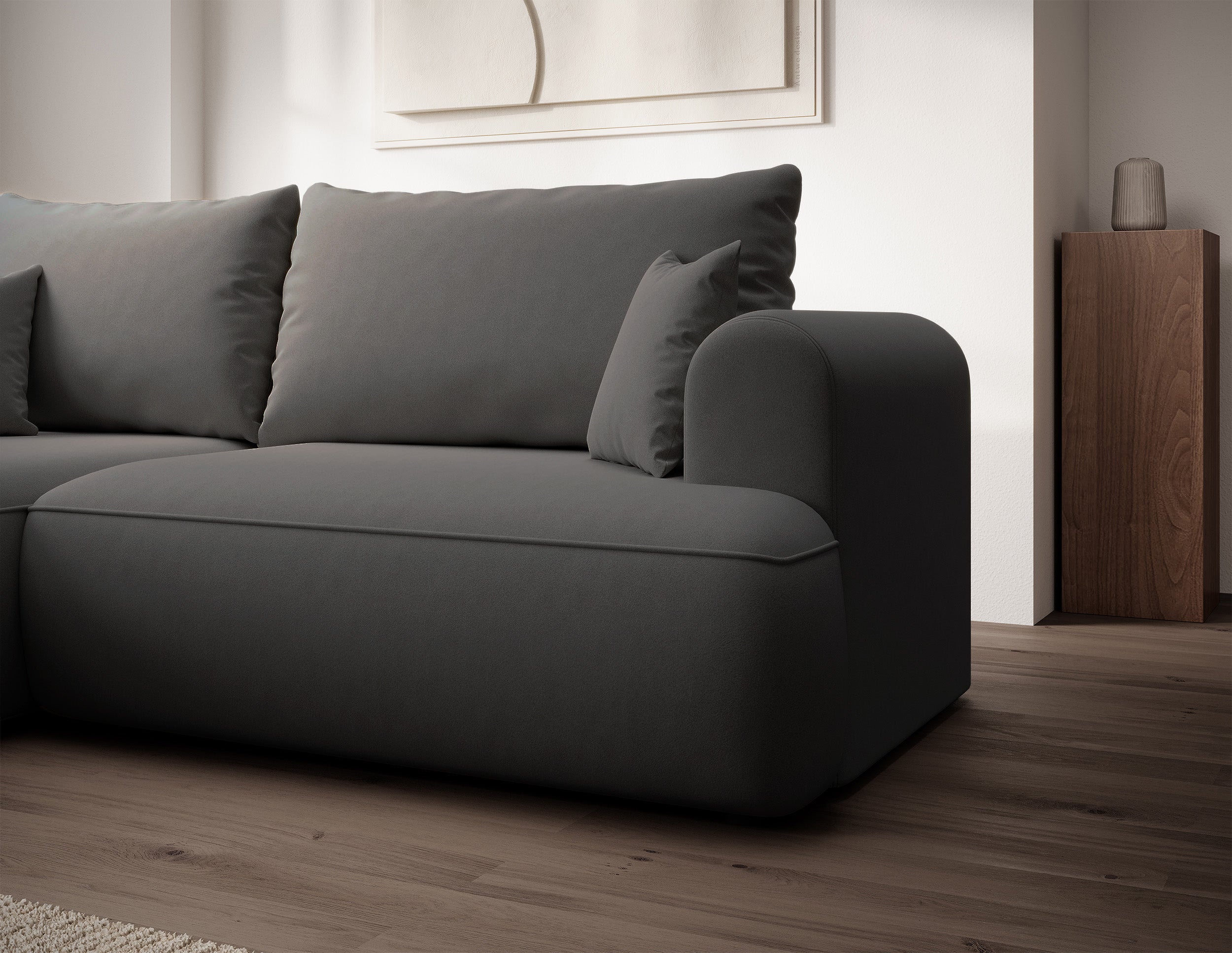 Ecksofa mit Schlaffunktion Ovo Mini, L-förmig, linksseitig, mit Stauraum, dunkelgrauer, pflegeleichter Samtbezug