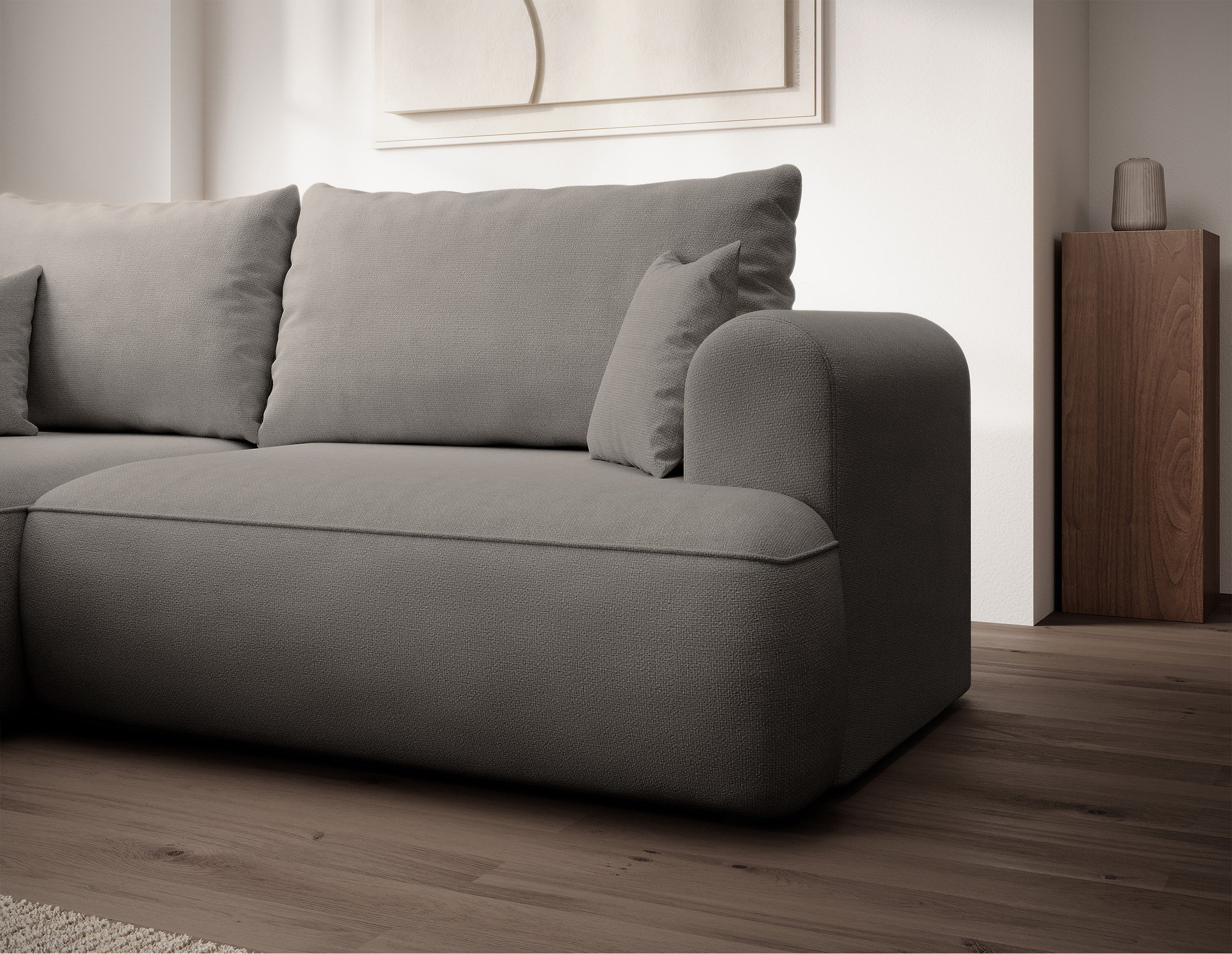 Ecksofa mit Schlaffunktion Ovo Mini, L-Form, linksseitig, mit Stauraum, grau-beiger, pflegeleichter Chenille-Stoff