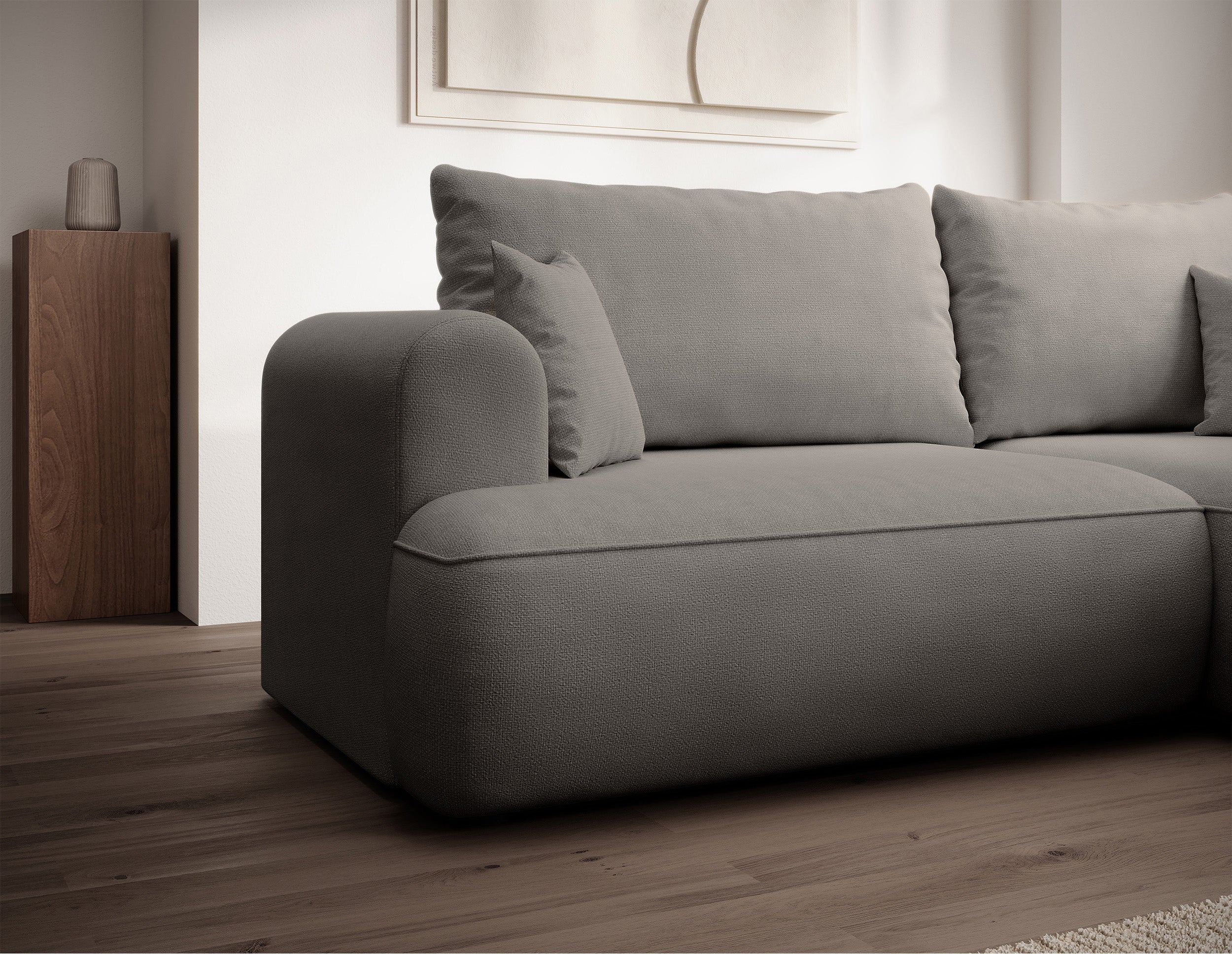 Ecksofa mit Schlaffunktion Ovo mini, L-förmig, rechtsseitig, mit Stauraum, grau-beiger Chenille, pflegeleicht