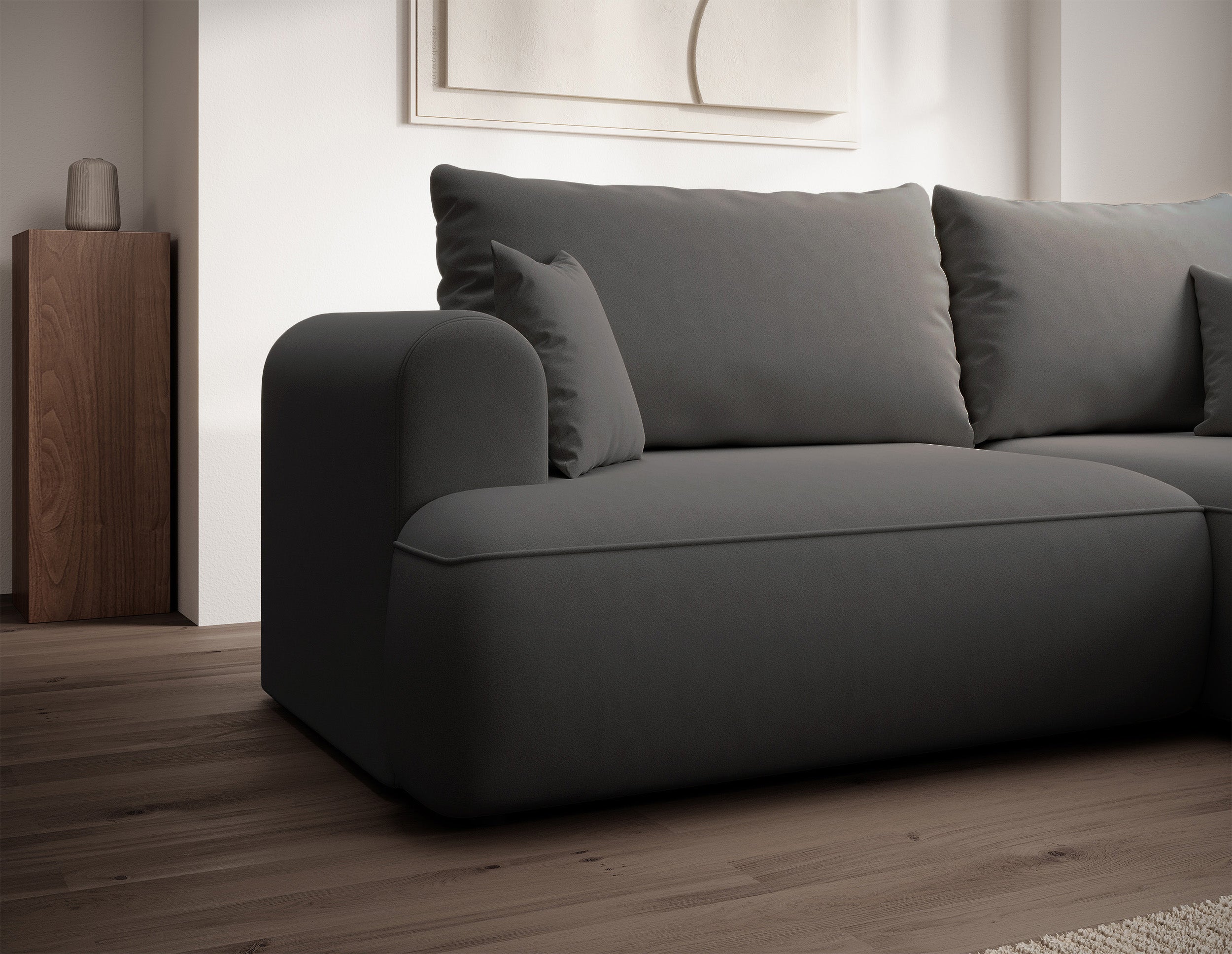 Ecksofa mit Schlaffunktion Ovo mini, L-förmig, rechtsseitig, mit Stauraum, dunkelgrauer, pflegeleichter Samtvelours