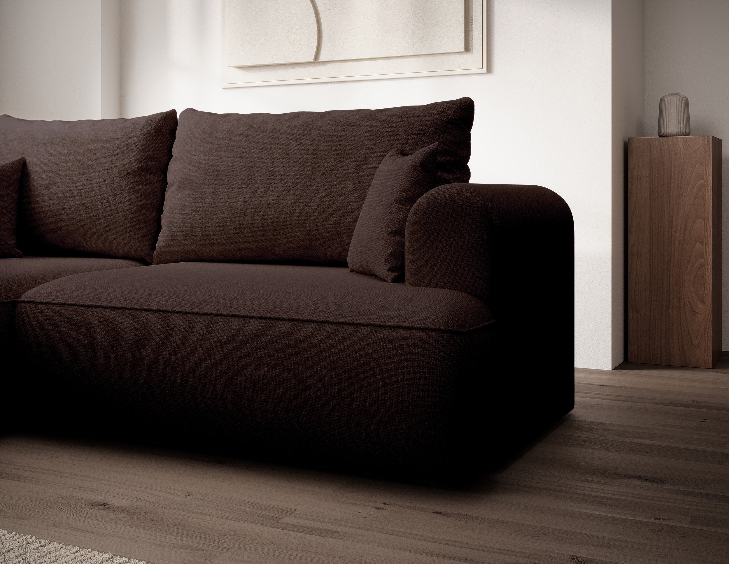 Ecksofa mit Schlaffunktion Ovo Mini, L-förmig, linksseitig, brauner Chenille, pflegeleicht