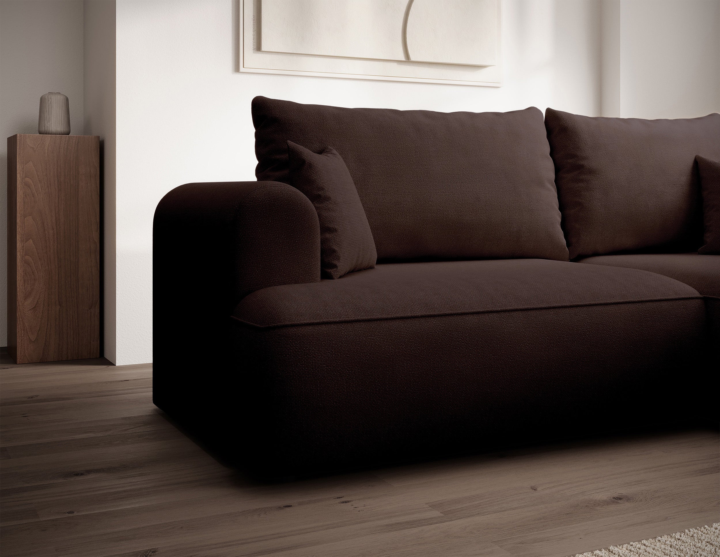Ecksofa mit Schlaffunktion Ovo Mini, L-förmig, rechtsseitig, brauner Chenille, pflegeleicht