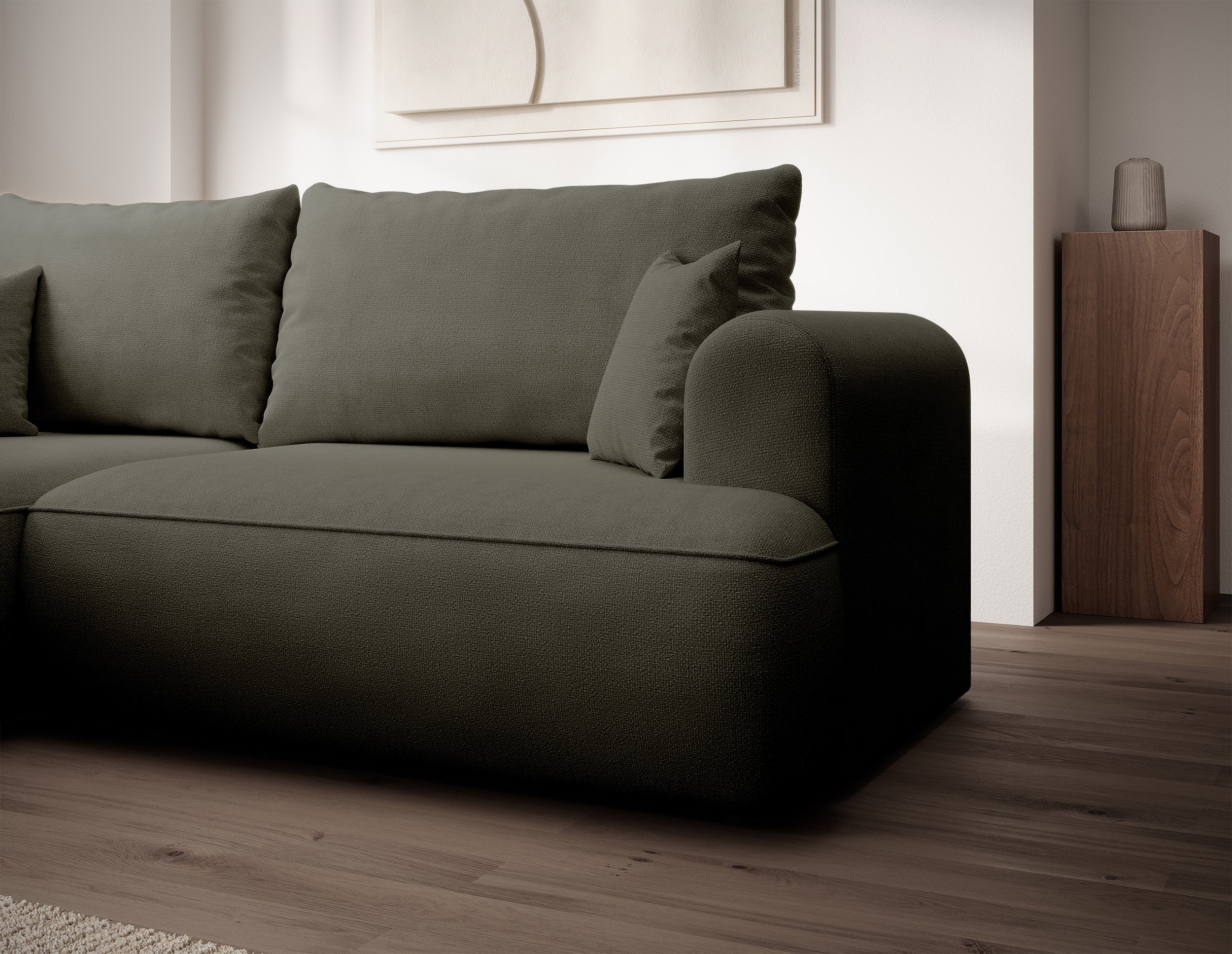 Ecksofa mit Schlaffunktion Ovo Mini, L-förmig, linksseitig, olivgrüner Chenille, pflegeleicht