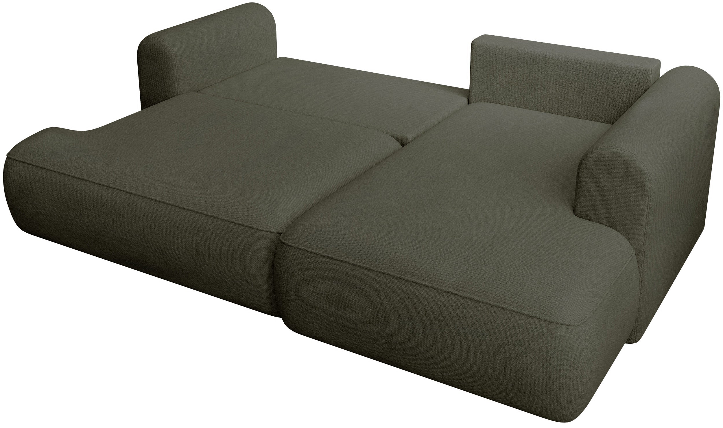 Ecksofa mit Schlaffunktion Ovo mini, L-förmig, rechtsseitig, olivgrüner Chenille-Stoff, pflegeleicht