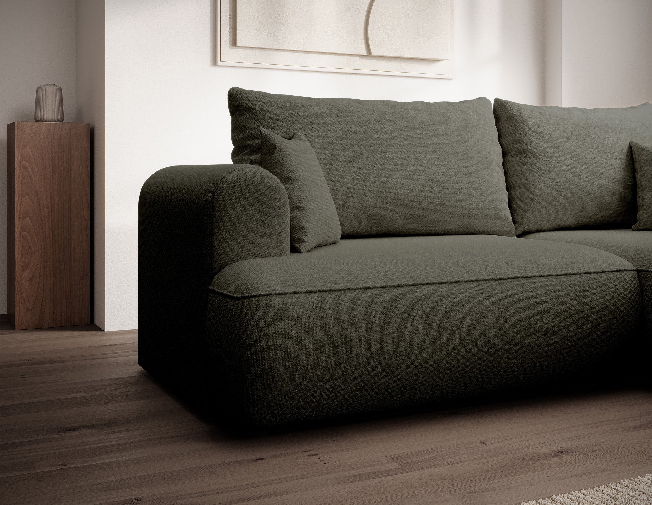 Ecksofa mit Schlaffunktion Ovo mini, L-förmig, rechtsseitig, olivgrüner Chenille-Stoff, pflegeleicht