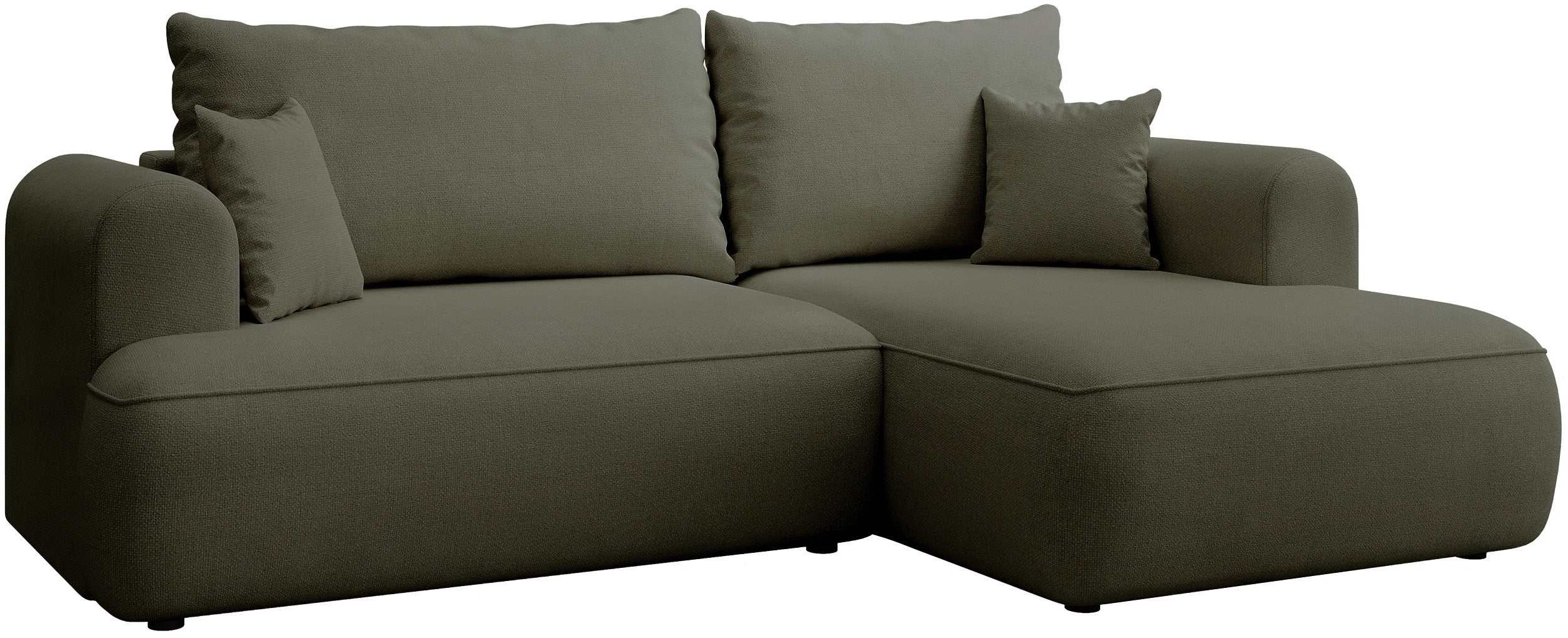 Ecksofa mit Schlaffunktion Ovo mini, L-förmig, rechtsseitig, olivgrüner Chenille-Stoff, pflegeleicht