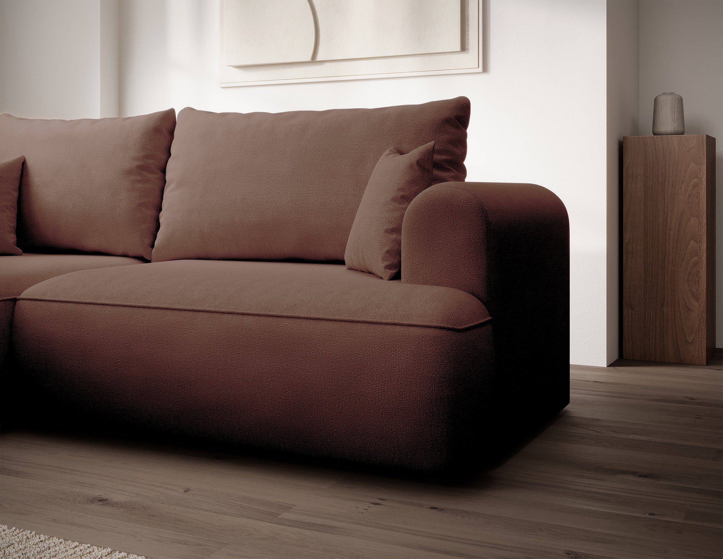 Ecksofa mit Schlaffunktion Ovo Mini, L-förmig, linksseitig, kupferfarben, pflegeleichter Chenille-Stoff
