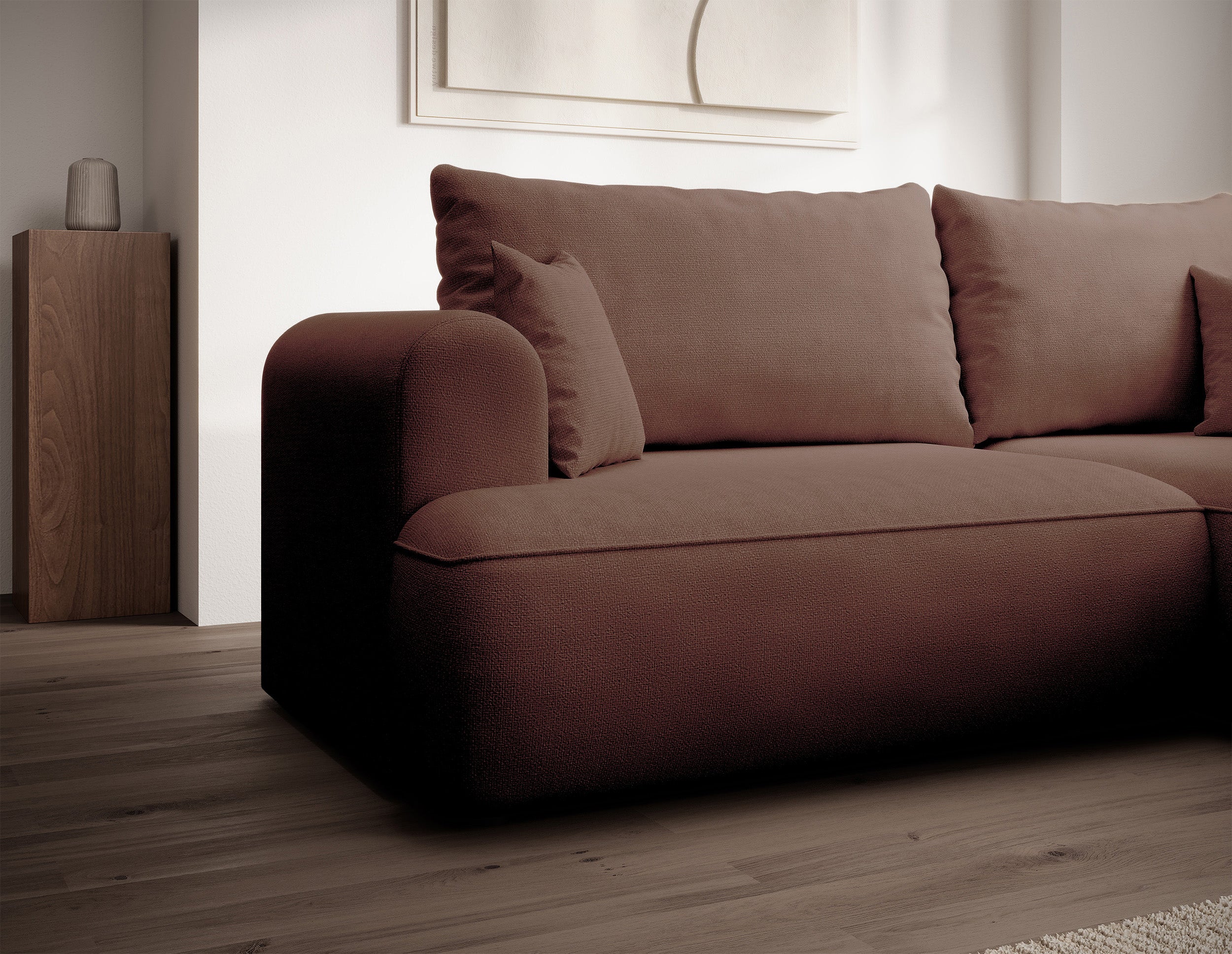 Ecksofa mit Schlaffunktion Ovo Mini, L-förmig, rechtsseitig, kupferfarben, pflegeleichter Chenille-Stoff