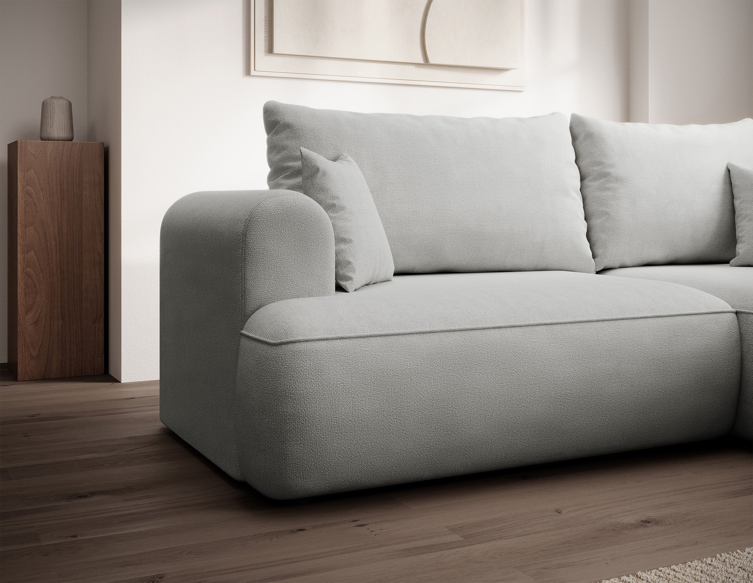 Ecksofa mit Schlaffunktion Ovo mini, L-förmig, rechtsseitig, hellgrauer Chenille-Stoff, pflegeleicht