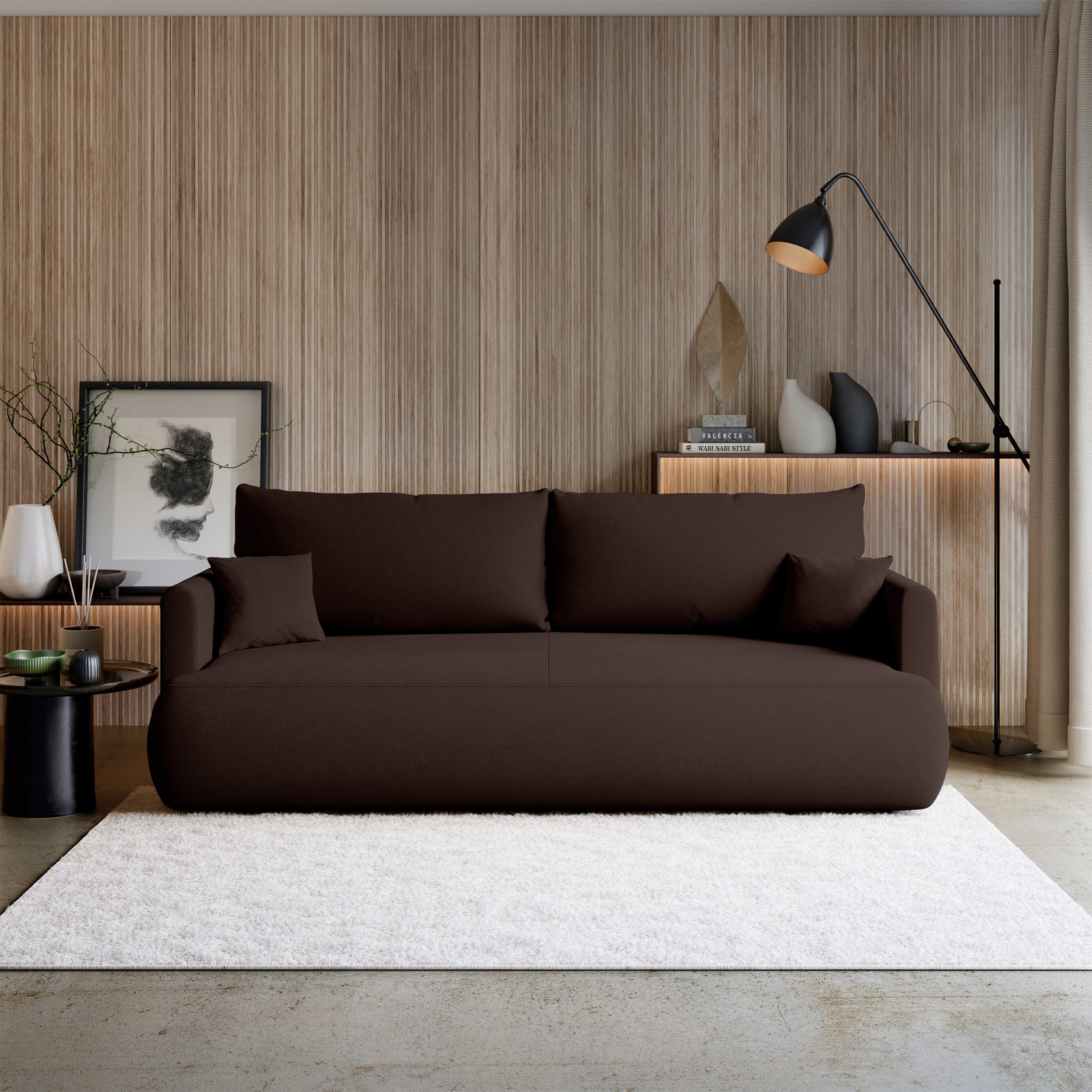 Dreisitziges ausklappbares Sofa Ovo Mini mit braunem Chenille-Stoff und leicht zu reinigendem Stauraum