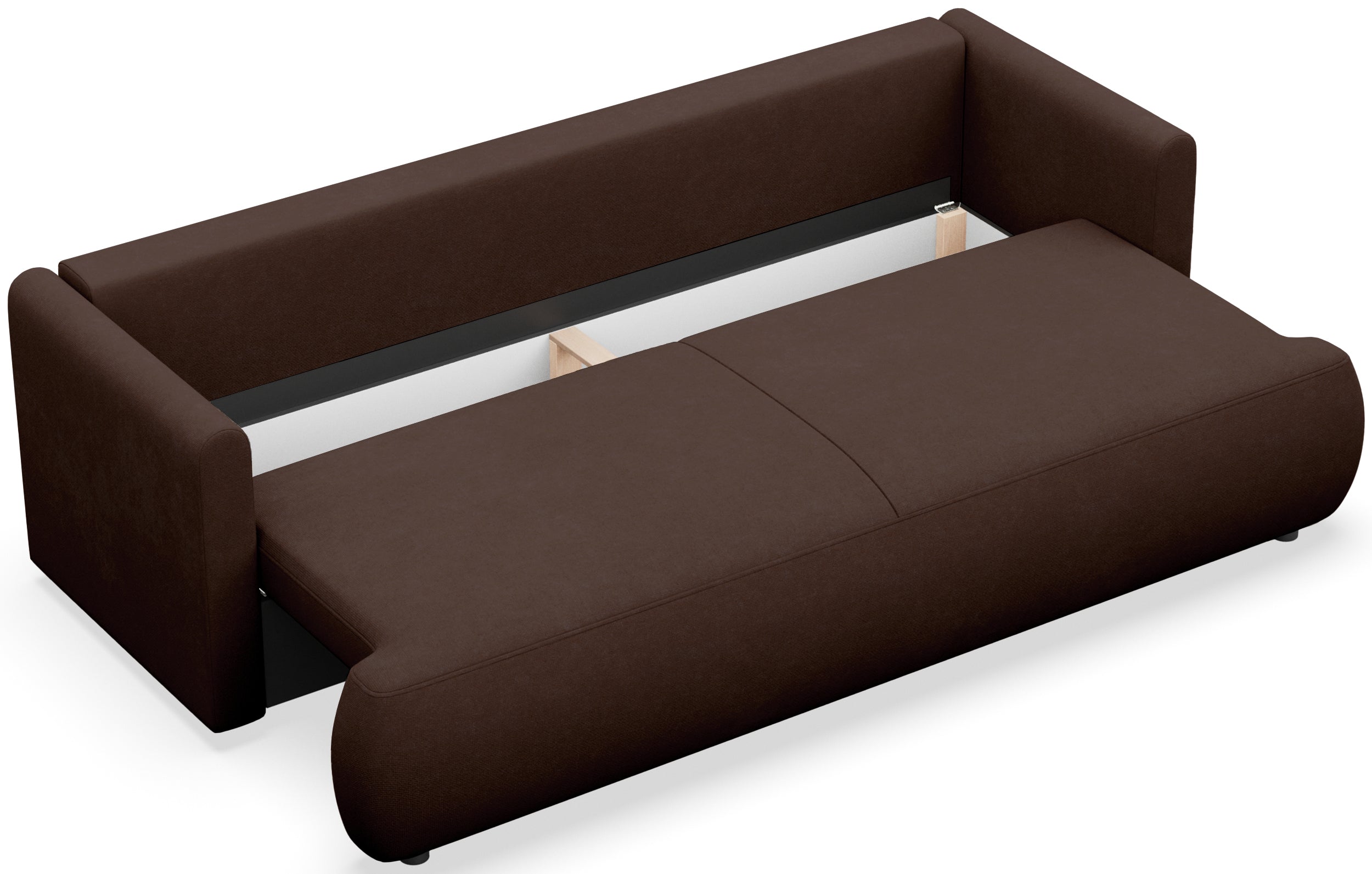 Dreisitziges ausklappbares Sofa Ovo Mini mit braunem Chenille-Stoff und leicht zu reinigendem Stauraum