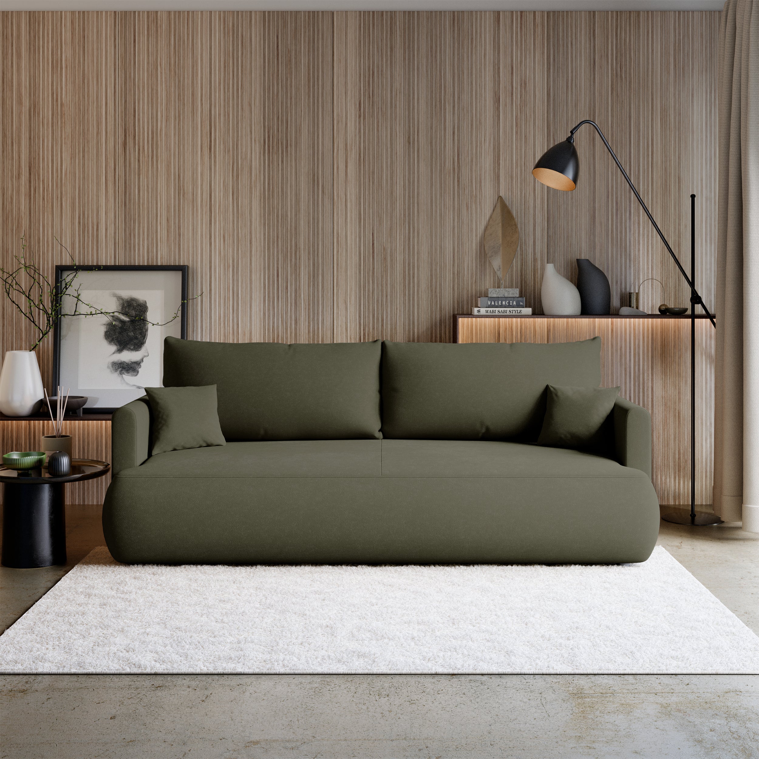 Dreisitziges ausklappbares Sofa Ovo Mini mit Stauraum, olivgrüner Chenille, leicht zu reinigen