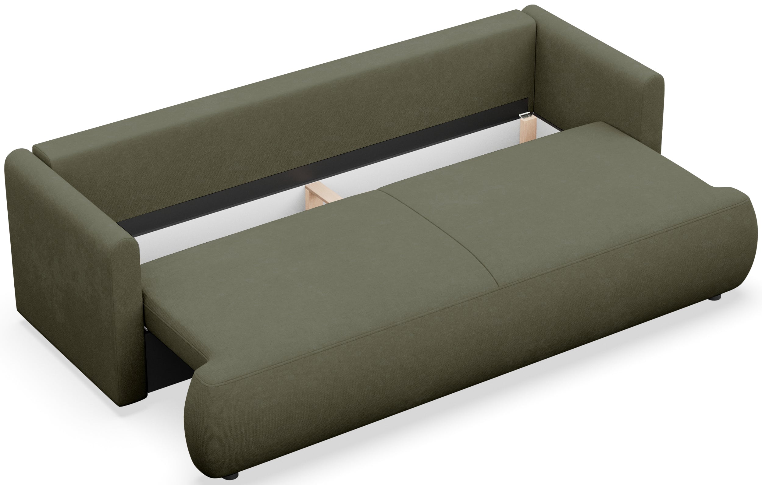 Dreisitziges ausklappbares Sofa Ovo Mini mit Stauraum, olivgrüner Chenille, leicht zu reinigen