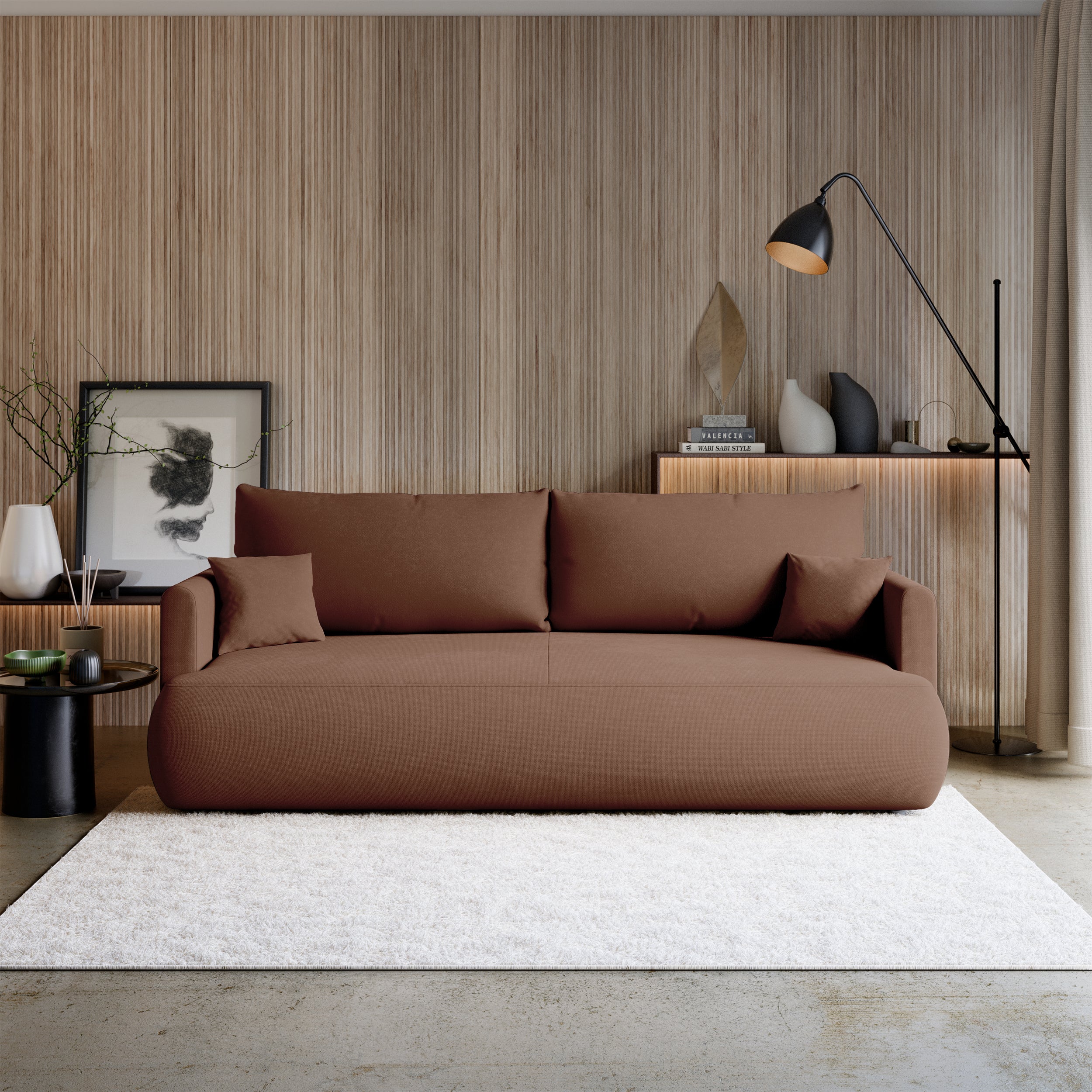 Dreisitziges ausklappbares Sofa Ovo Mini mit Stauraum, dunkelgrauer, pflegeleichter Samtvelours
