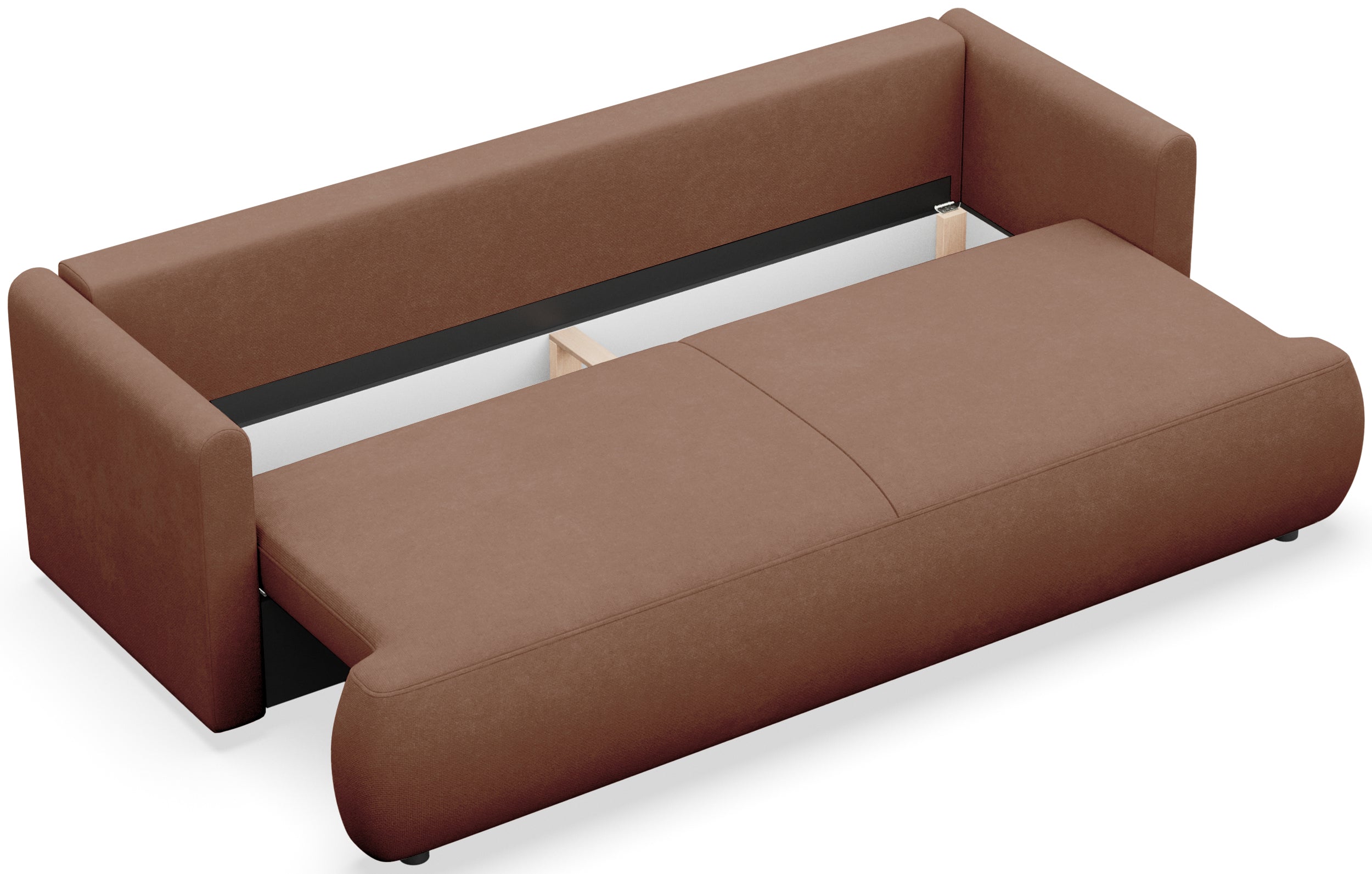 Dreisitziges ausklappbares Sofa Ovo Mini mit Aufbewahrungsfach, kupferfarbener Chenille, pflegeleicht