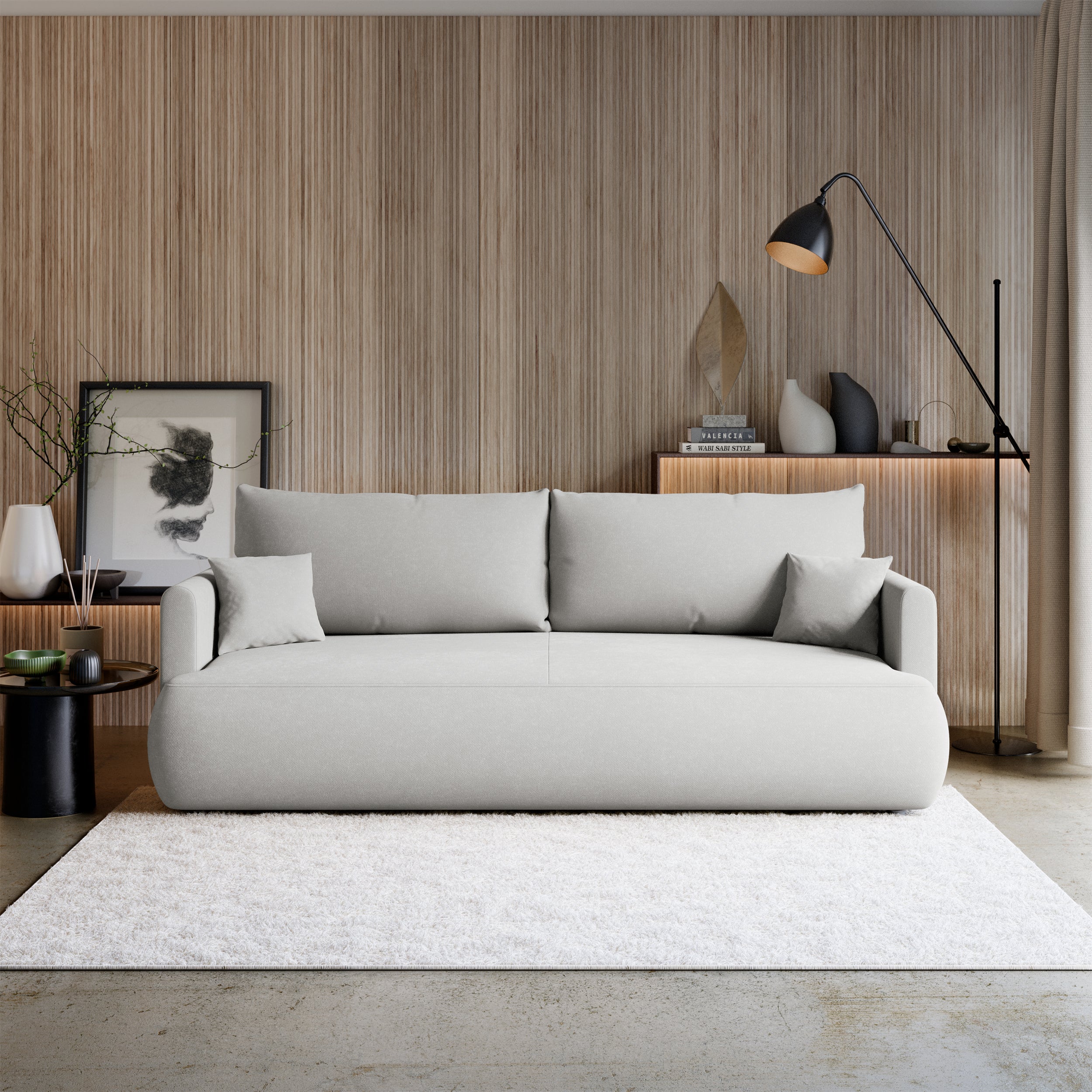 Dreisitziges ausklappbares Sofa Ovo Mini mit Stauraum, hellgrauer Chenille-Stoff, pflegeleicht